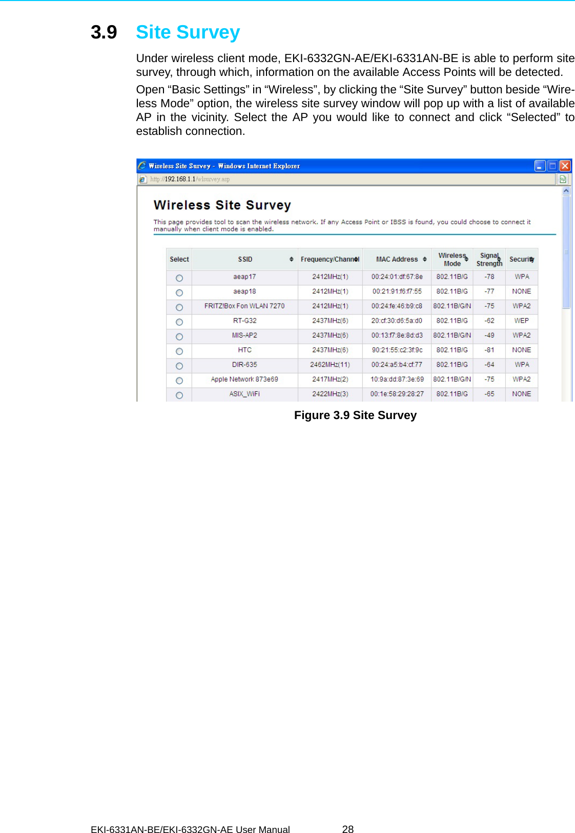 EKI-6331AN-BE/EKI-6332GN-AE User Manual 283.9 Site SurveyUnder wireless client mode, EKI-6332GN-AE/EKI-6331AN-BE is able to perform sitesurvey, through which, information on the available Access Points will be detected.Open “Basic Settings” in “Wireless”, by clicking the “Site Survey” button beside “Wire-less Mode” option, the wireless site survey window will pop up with a list of availableAP in the vicinity. Select the AP you would like to connect and click “Selected” toestablish connection.  Figure 3.9 Site Survey