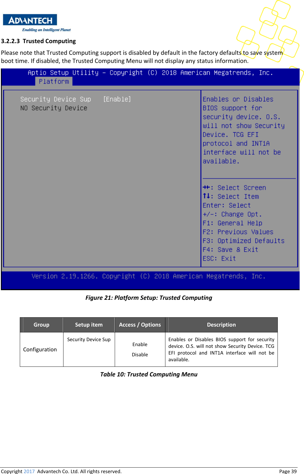 Copyright2017AdvantechCo.Ltd.Allrightsreserved.                                  Page393.2.2.3 TrustedComputingPleasenotethatTrustedComputingsupportisdisabledbydefaultinthefactorydefaultstosavesystemboottime.Ifdisabled,theTrustedComputingMenuwillnotdisplayanystatusinformation.Figure21:PlatformSetup:TrustedComputingGroup Setupitem Access/Options DescriptionConfigurationSecurityDeviceSup EnableDisableEnables or Disables BIOS support for securitydevice.O.S.willnotshowSecurityDevice.TCGEFI protocol and INT1A interfacewillnotbeavailable.Table10:TrustedComputingMenu