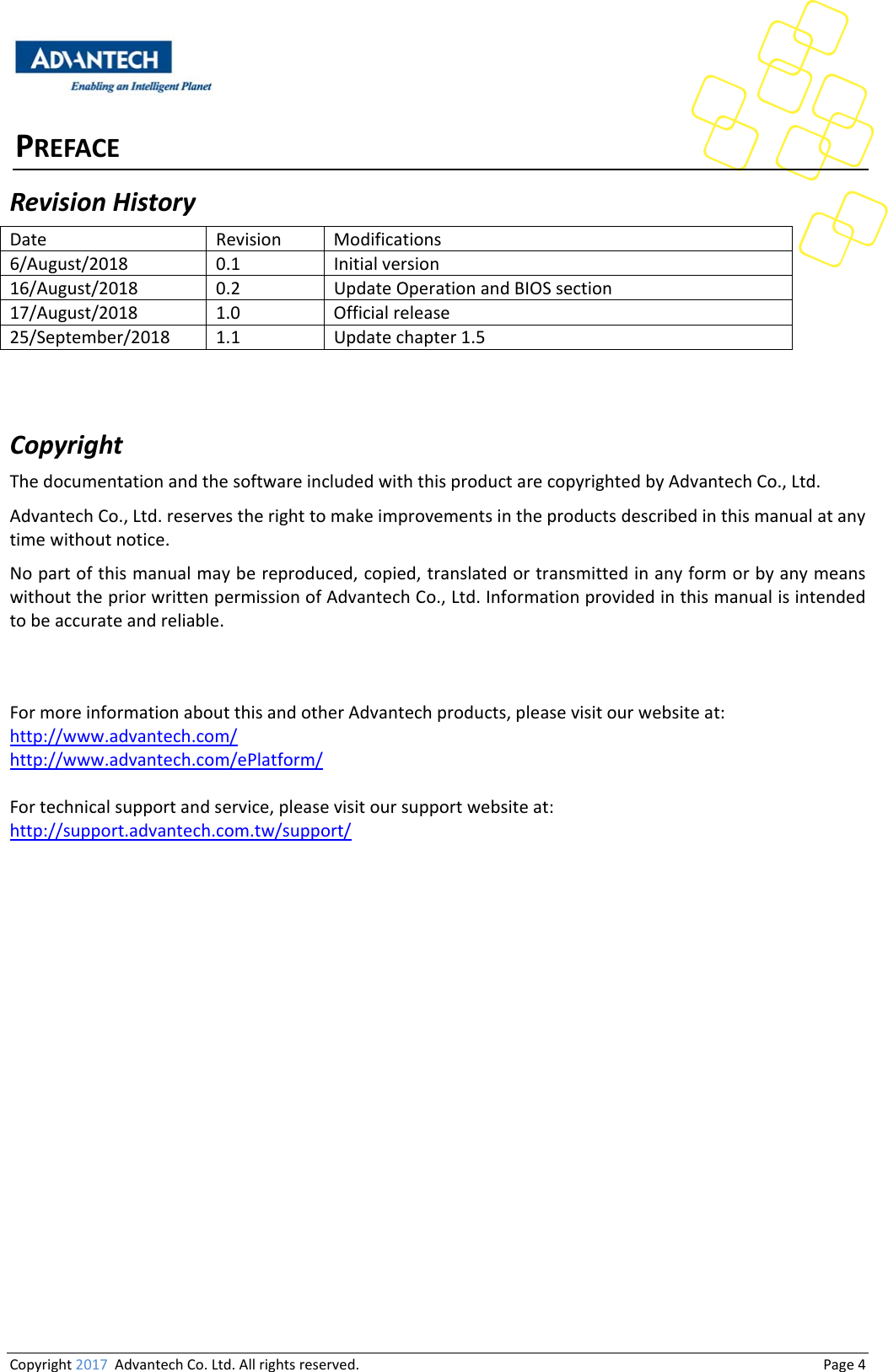 Copyright2017AdvantechCo.Ltd.Allrightsreserved.                                  Page4PREFACERevisionHistoryDate Revision Modifications6/August/2018 0.1 Initialversion16/August/2018 0.2 UpdateOperationandBIOSsection17/August/2018 1.0 Officialrelease25/September/2018 1.1 Updatechapter1.5CopyrightThedocumentationandthesoftwareincludedwiththisproductarecopyrightedbyAdvantechCo.,Ltd.AdvantechCo.,Ltd.reservestherighttomakeimprovementsintheproductsdescribedinthismanualatanytimewithoutnotice.Nopartofthismanualmaybereproduced,copied,translatedortransmittedinanyformorbyanymeanswithoutthepriorwrittenpermissionofAdvantechCo.,Ltd.Informationprovidedinthismanualisintendedtobeaccurateandreliable.FormoreinformationaboutthisandotherAdvantechproducts,pleasevisitourwebsiteat:http://www.advantech.com/http://www.advantech.com/ePlatform/Fortechnicalsupportandservice,pleasevisitoursupportwebsiteat:http://support.advantech.com.tw/support/