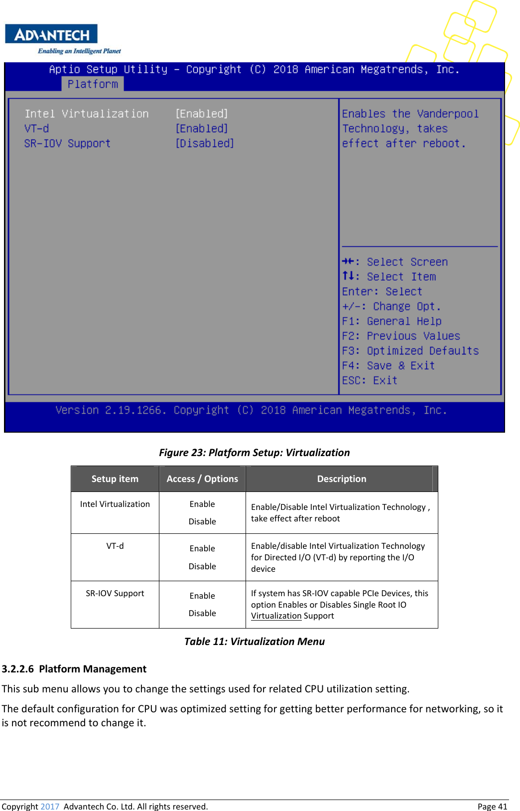 Copyright2017AdvantechCo.Ltd.Allrightsreserved.                                  Page41Figure23:PlatformSetup:VirtualizationSetupitem Access/Options DescriptionIntelVirtualization EnableDisableEnable/DisableIntelVirtualizationTechnology,takeeffectafterrebootVT‐d EnableDisableEnable/disableIntelVirtualizationTechnologyforDirectedI/O(VT‐d)byreportingtheI/OdeviceSR‐IOVSupport EnableDisableIfsystemhasSR‐IOVcapablePCIeDevices,thisoptionEnablesorDisablesSingleRootIOVirtualizationSupportTable11:VirtualizationMenu3.2.2.6 PlatformManagementThissubmenuallowsyoutochangethesettingsusedforrelatedCPUutilizationsetting.ThedefaultconfigurationforCPUwasoptimizedsettingforgettingbetterperformancefornetworking,soitisnotrecommendtochangeit.