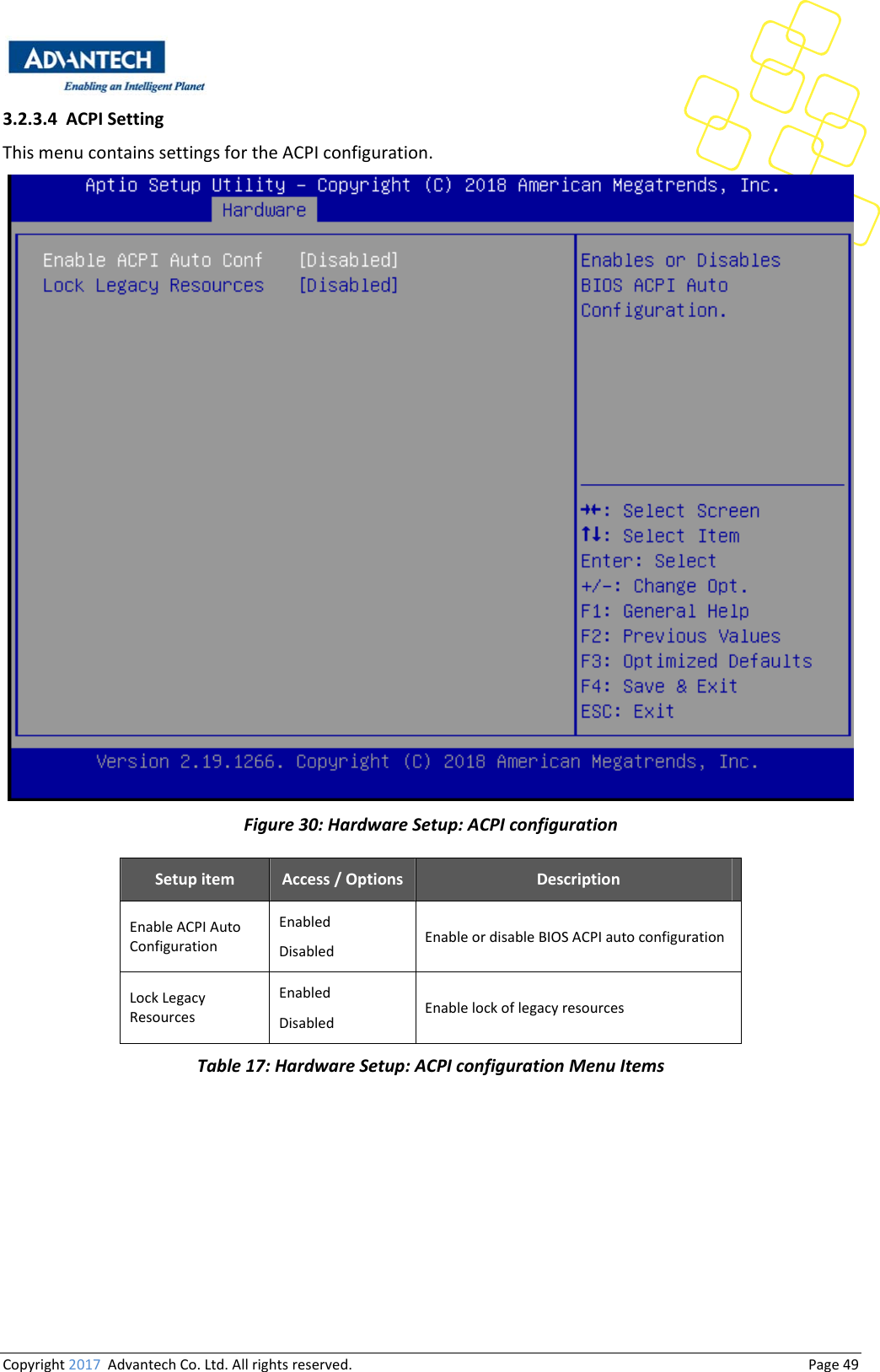 Copyright2017AdvantechCo.Ltd.Allrightsreserved.                                  Page493.2.3.4 ACPISettingThismenucontainssettingsfortheACPIconfiguration.Figure30:HardwareSetup:ACPIconfigurationSetupitem Access/Options DescriptionEnableACPIAutoConfigurationEnabledDisabledEnableordisableBIOSACPIautoconfigurationLockLegacyResourcesEnabledDisabledEnablelockoflegacyresourcesTable17:HardwareSetup:ACPIconfigurationMenuItems
