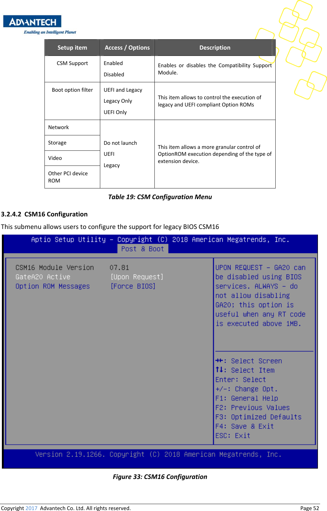 Copyright2017AdvantechCo.Ltd.Allrightsreserved.                                  Page52Setupitem Access/Options DescriptionCSMSupport EnabledDisabledEnables or disables the Compatibility SupportModule.Bootoptionfilter UEFIandLegacyLegacyOnlyUEFIOnlyThisitemallowstocontroltheexecutionoflegacyandUEFIcompliantOptionROMsNetworkDonotlaunchUEFILegacyThisitemallowsamoregranularcontrolofOptionROMexecutiondependingofthetypeofextensiondevice.StorageVideoOtherPCIdeviceROMTable19:CSMConfigurationMenu3.2.4.2 CSM16ConfigurationThissubmenuallowsuserstoconfigurethesupportforlegacyBIOSCSM16Figure33:CSM16Configuration