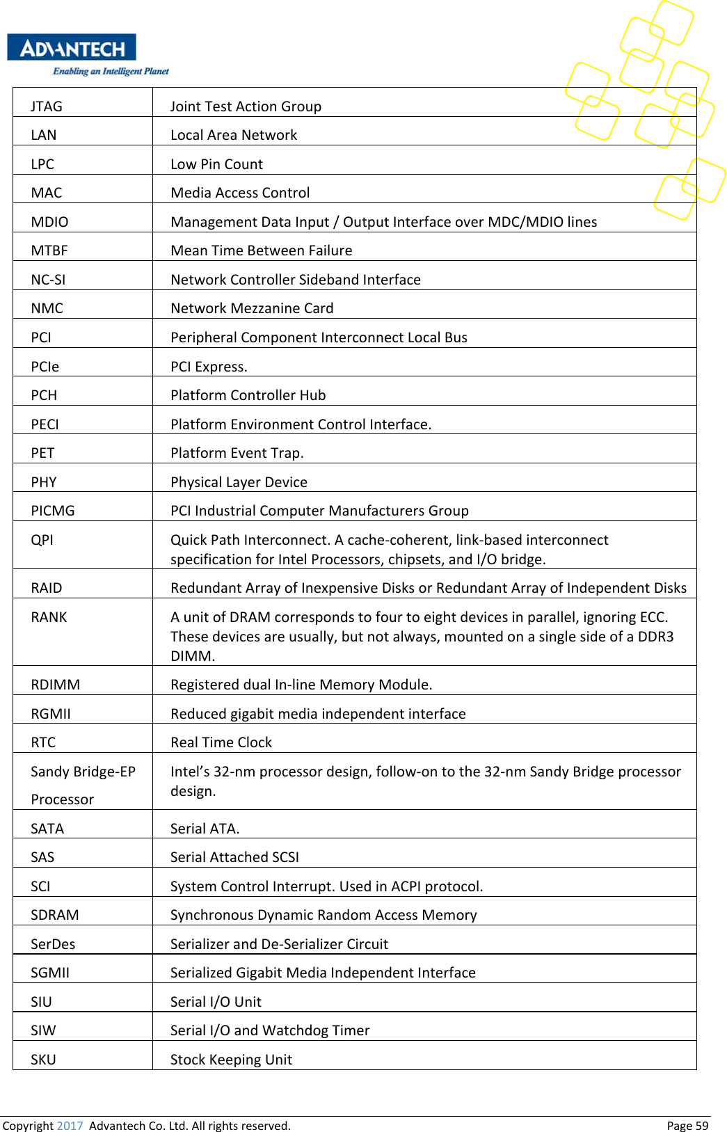 Copyright2017AdvantechCo.Ltd.Allrightsreserved.                                  Page59JTAG JointTestActionGroupLAN LocalAreaNetworkLPC LowPinCountMAC MediaAccessControlMDIO ManagementDataInput/OutputInterfaceoverMDC/MDIOlinesMTBF MeanTimeBetweenFailureNC‐SI NetworkControllerSidebandInterfaceNMC NetworkMezzanineCardPCI PeripheralComponentInterconnectLocalBusPCIe PCIExpress.PCH PlatformControllerHubPECI PlatformEnvironmentControlInterface.PET PlatformEventTrap.PHY PhysicalLayerDevicePICMG PCIIndustrialComputerManufacturersGroupQPI QuickPathInterconnect.Acache‐coherent,link‐basedinterconnectspecificationforIntelProcessors,chipsets,andI/Obridge.RAID RedundantArrayofInexpensiveDisksorRedundantArrayofIndependentDisksRANK AunitofDRAMcorrespondstofourtoeightdevicesinparallel,ignoringECC.Thesedevicesareusually,butnotalways,mountedonasinglesideofaDDR3DIMM.RDIMM RegistereddualIn‐lineMemoryModule.RGMII ReducedgigabitmediaindependentinterfaceRTC RealTimeClockSandyBridge‐EPProcessorIntel’s32‐nmprocessordesign,follow‐ontothe32‐nmSandyBridgeprocessordesign.SATA SerialATA.SAS SerialAttachedSCSISCI SystemControlInterrupt.UsedinACPIprotocol.SDRAM SynchronousDynamicRandomAccessMemorySerDes SerializerandDe‐SerializerCircuitSGMII SerializedGigabitMediaIndependentInterfaceSIU SerialI/OUnitSIW SerialI/OandWatchdogTimerSKU StockKeepingUnit
