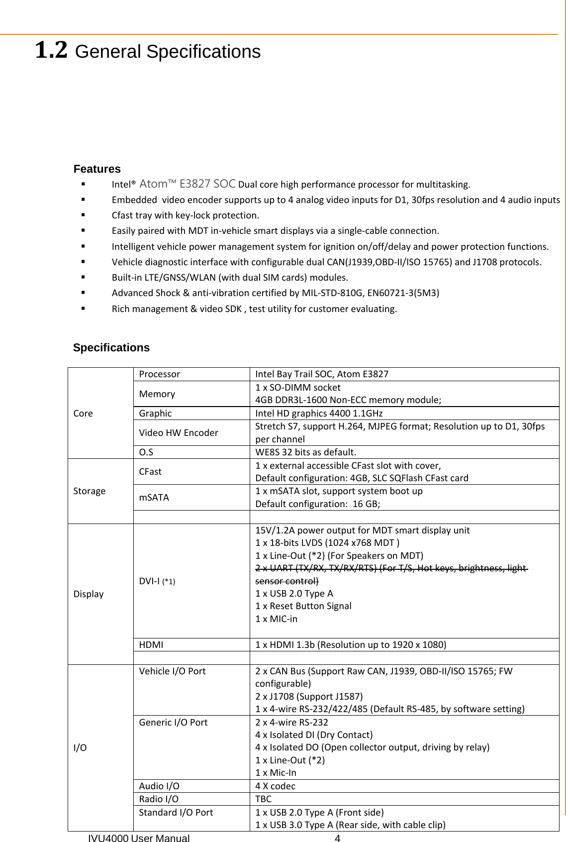 IVU4000 User Manual  4Chapter 1 General Information 1.2General Specifications Features  Intel® Atom™ E3827 SOCDualcorehighperformanceprocessorformultitasking. Embeddedvideoencodersupportsupto4analogvideoinputsforD1,30fpsresolutionand4audioinputs Cfasttraywithkey‐lockprotection. EasilypairedwithMDTin‐vehiclesmartdisplaysviaasingle‐cableconnection. Intelligentvehiclepowermanagementsystemforignitionon/off/delayandpowerprotectionfunctions. VehiclediagnosticinterfacewithconfigurabledualCAN(J1939,OBD‐II/ISO15765)andJ1708protocols. Built‐inLTE/GNSS/WLAN(withdualSIMcards)modules. AdvancedShock&amp;anti‐vibrationcertifiedbyMIL‐STD‐810G,EN60721‐3(5M3) Richmanagement&amp;videoSDK,testutilityforcustomerevaluating.Specifications  CoreProcessorIntelBayTrailSOC,AtomE3827Memory1xSO‐DIMMsocket4GBDDR3L‐1600Non‐ECCmemorymodule;GraphicIntelHDgraphics44001.1GHzVideoHWEncoderStretchS7,supportH.264,MJPEGformat;ResolutionuptoD1,30fpsperchannelO.SWE8S32bits asdefault.StorageCFast1xexternalaccessibleCFastslotwithcover,Defaultconfiguration:4GB,SLCSQFlashCFastcardmSATA1xmSATAslot,supportsystembootupDefaultconfiguration:16GB;DisplayDVI‐I(*1)15V/1.2ApoweroutputforMDTsmartdisplayunit1x18‐bitsLVDS(1024x768MDT)1xLine‐Out(*2)(ForSpeakersonMDT)2xUART(TX/RX,TX/RX/RTS)(ForT/S,Hotkeys,brightness,lightsensorcontrol)1xUSB2.0TypeA1xResetButtonSignal1xMIC‐inHDMI1xHDMI1.3b(Resolutionupto1920x1080)I/OVehicleI/OPort2xCANBus(SupportRawCAN,J1939,OBD‐II/ISO15765;FWconfigurable)2xJ1708(SupportJ1587)1x4‐wireRS‐232/422/485(DefaultRS‐485,bysoftwaresetting)GenericI/OPort2x4‐wireRS‐2324xIsolatedDI(DryContact)4xIsolatedDO(Opencollectoroutput,drivingbyrelay)1xLine‐Out(*2)1xMic‐InAudioI/O4XcodecRadioI/OTBCStandardI/OPort1xUSB2.0TypeA(Frontside)1xUSB3.0TypeA(Rearside,withcableclip)