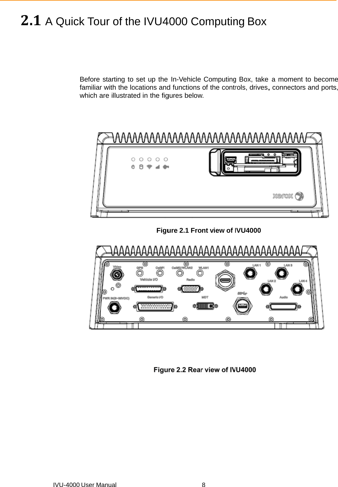2. IVU-41A Qu4000 User Muick TouBefore familiarwhich a Manual ur of thstarting to r with the loare illustratee IVU4set up theocations anded in the figFiguFigu4000 Co In-Vehicled functionsgures belowure 2.1 Frore 2.2 Rear8omputinComputingof the contw.  nt view of r view of IVng Boxg Box, take rols, drives,IVU4000VU4000   a moment, connectort to becomers and portse s,   