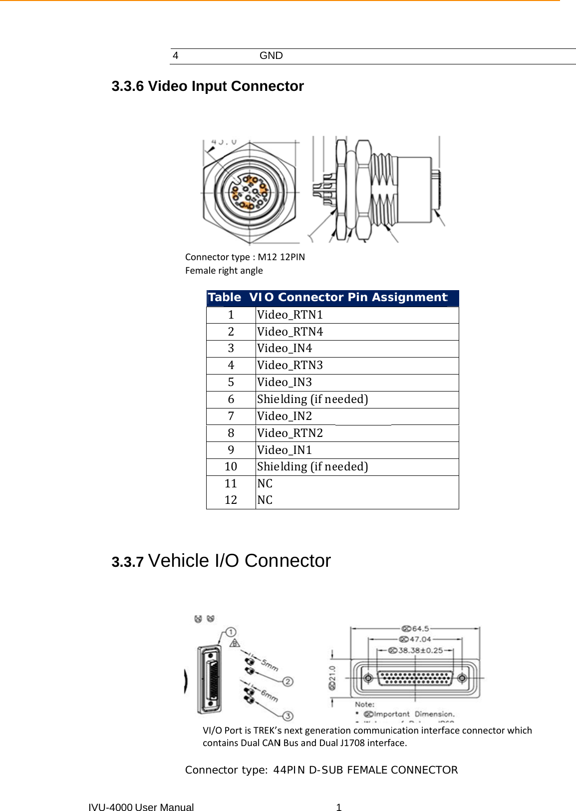 IVU-4 4000 User M3.3.6 Vid3.3.7 VeManual 4 deo InputConnectoFemaleriTabehicle I/VI/OcontaConnecGNDt Connecortype:M12ghtangleble  VIO C1 Vide2 Vide3 Vide4 Vide5 Vide6 Shie7 Vide8 Vide9 Vide10 Shie11 NC12 NC/O ConPortisTREK’sainsDualCANtor type: 4D ctor 12PINConnectoeo_RTN1eo_RTN4eo_IN4eo_RTN3eo_IN3elding(ifneeo_IN2eo_RTN2eo_IN1elding(ifnenectorsnextgeneratNBusandDua44PIN D-SU1or Pin Asseeded)eeded)tioncommunlJ1708interfaB FEMALE signmenticationinterfaace.CONNECTOtaceconnectorOR rwhich