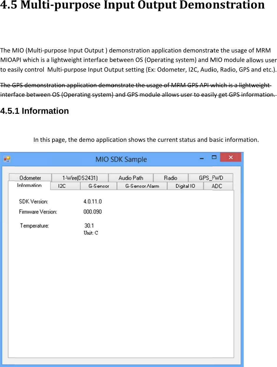 4.5TheMMIOAtoeasTheGinterf4.5.5MultiMIO(Multi‐pAPIwhichisasilycontrolGPSdemonstfacebetween1 InformInthii‐purpurposeInpualightweightMulti‐purpotrationapplicnOS(Operatmation spage,thedposeIntOutput)detinterfacebeseInputOutcationdemotingsystem)demoapplicanputOuemonstratioetweenOS(tputsetting(onstratetheandGPSmoationshowsutputnapplicationOperatingsy(Ex:OdometusageofMRoduleallowsthecurrentDemondemonstraystem)andMer,I2C,AudiRMGPSAPIwusertoeasilstatusandbnstratatetheusageMIOmoduleio,Radio,GPwhichisaliglygetGPSinbasicinformationeofMRMallowsuserPSandetc.).htweightnformation.ation.