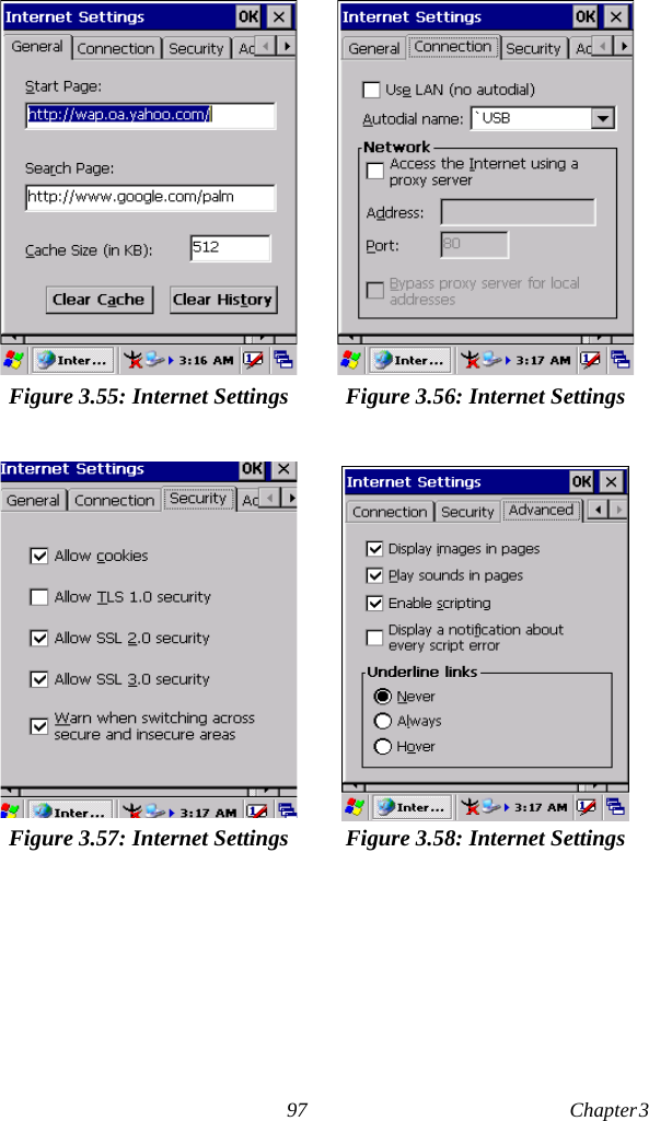 97 Chapter 3  Figure 3.55: Internet Settings Figure 3.56: Internet SettingsFigure 3.57: Internet Settings Figure 3.58: Internet Settings