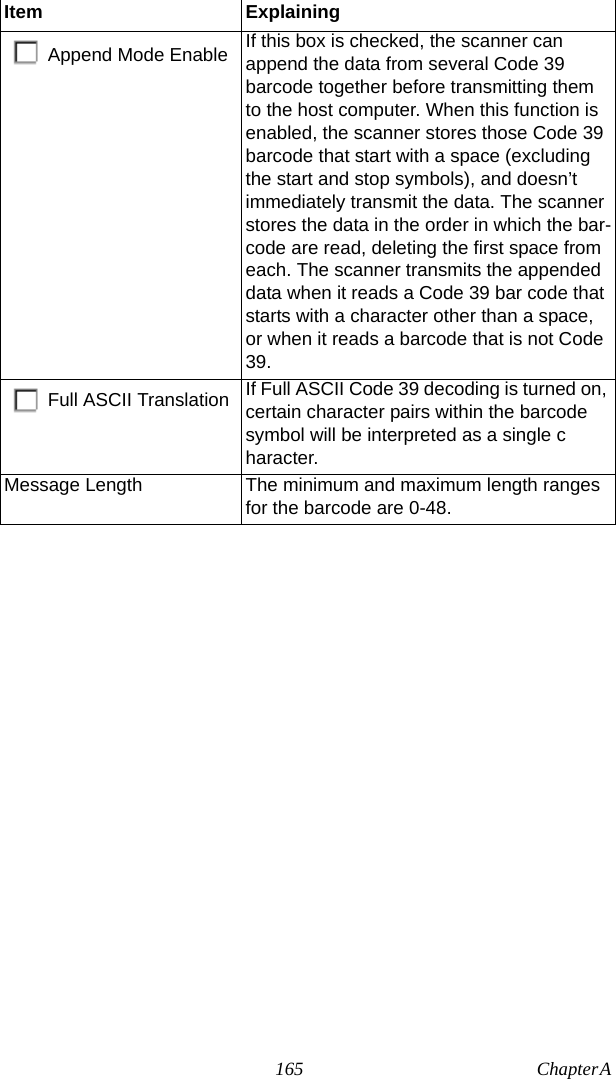 165 Chapter A  Item ExplainingAppend Mode Enable If this box is checked, the scanner can append the data from several Code 39 barcode together before transmitting them to the host computer. When this function is enabled, the scanner stores those Code 39 barcode that start with a space (excluding the start and stop symbols), and doesn’t immediately transmit the data. The scanner stores the data in the order in which the bar-code are read, deleting the first space from each. The scanner transmits the appended data when it reads a Code 39 bar code that starts with a character other than a space, or when it reads a barcode that is not Code 39.Full ASCII Translation If Full ASCII Code 39 decoding is turned on, certain character pairs within the barcode symbol will be interpreted as a single character. Message Length The minimum and maximum length ranges for the barcode are 0-48.