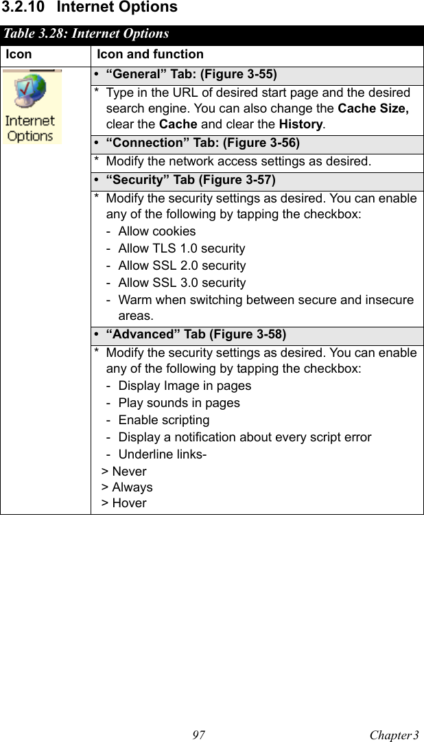 97 Chapter 3  3.2.10 Internet OptionsTable 3.28: Internet OptionsIcon Icon and function• “General” Tab: (Figure 3-55)* Type in the URL of desired start page and the desired search engine. You can also change the Cache Size, clear the Cache and clear the History.• “Connection” Tab: (Figure 3-56)* Modify the network access settings as desired.• “Security” Tab (Figure 3-57)* Modify the security settings as desired. You can enable any of the following by tapping the checkbox:- Allow cookies- Allow TLS 1.0 security- Allow SSL 2.0 security- Allow SSL 3.0 security- Warm when switching between secure and insecure areas.• “Advanced” Tab (Figure 3-58)* Modify the security settings as desired. You can enable any of the following by tapping the checkbox:- Display Image in pages- Play sounds in pages- Enable scripting- Display a notification about every script error- Underline links-  &gt; Never  &gt; Always  &gt; Hover