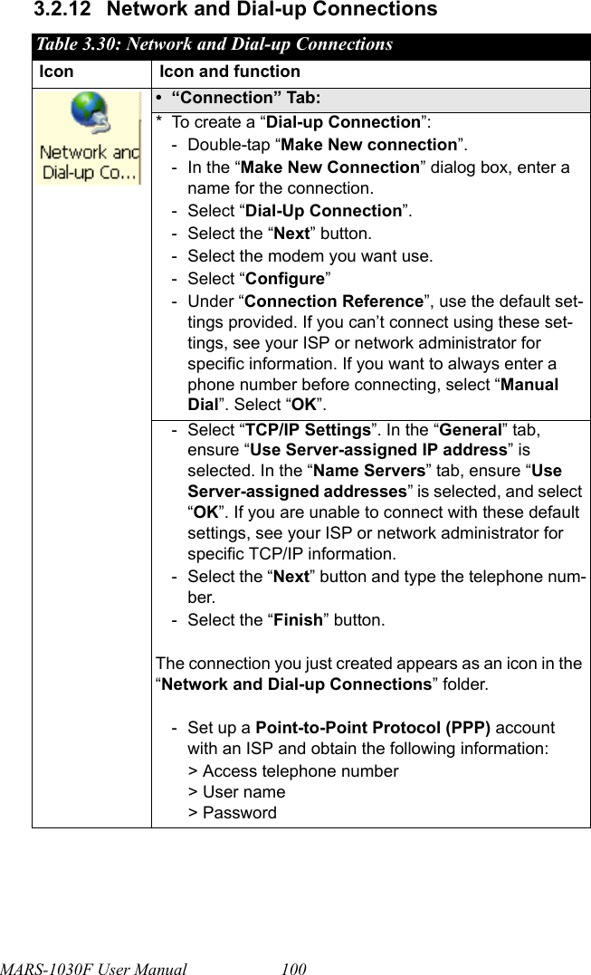 MARS-1030F User Manual 1003.2.12 Network and Dial-up ConnectionsTable 3.30: Network and Dial-up ConnectionsIcon Icon and function• “Connection” Tab:* To create a “Dial-up Connection”:- Double-tap “Make New connection”.- In the “Make New Connection” dialog box, enter a name for the connection.-Select “Dial-Up Connection”.- Select the “Next” button.- Select the modem you want use.-Select “Configure”- Under “Connection Reference”, use the default set-tings provided. If you can’t connect using these set-tings, see your ISP or network administrator for specific information. If you want to always enter a phone number before connecting, select “Manual Dial”. Select “OK”.-Select “TCP/IP Settings”. In the “General” tab, ensure “Use Server-assigned IP address” is selected. In the “Name Servers” tab, ensure “Use Server-assigned addresses” is selected, and select “OK”. If you are unable to connect with these default settings, see your ISP or network administrator for specific TCP/IP information.- Select the “Next” button and type the telephone num-ber.- Select the “Finish” button.The connection you just created appears as an icon in the “Network and Dial-up Connections” folder. - Set up a Point-to-Point Protocol (PPP) account with an ISP and obtain the following information:&gt; Access telephone number&gt; User name&gt; Password