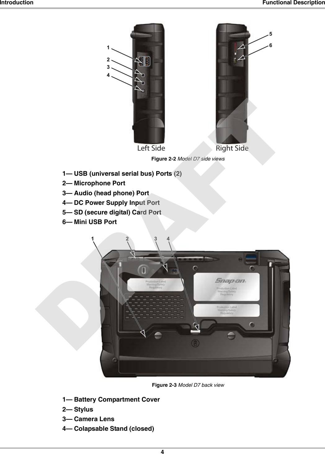 4Introduction Functional DescriptionFigure 2-2 Model D7 side views1— USB (universal serial bus) Ports (2)2— Microphone Port3— Audio (head phone) Port4— DC Power Supply Input Port5— SD (secure digital) Card Port6— Mini USB PortFigure 2-3 Model D7 back view1— Battery Compartment Cover2— Stylus3— Camera Lens4— Colapsable Stand (closed)123456Left Side Right Side12 43DRAFT