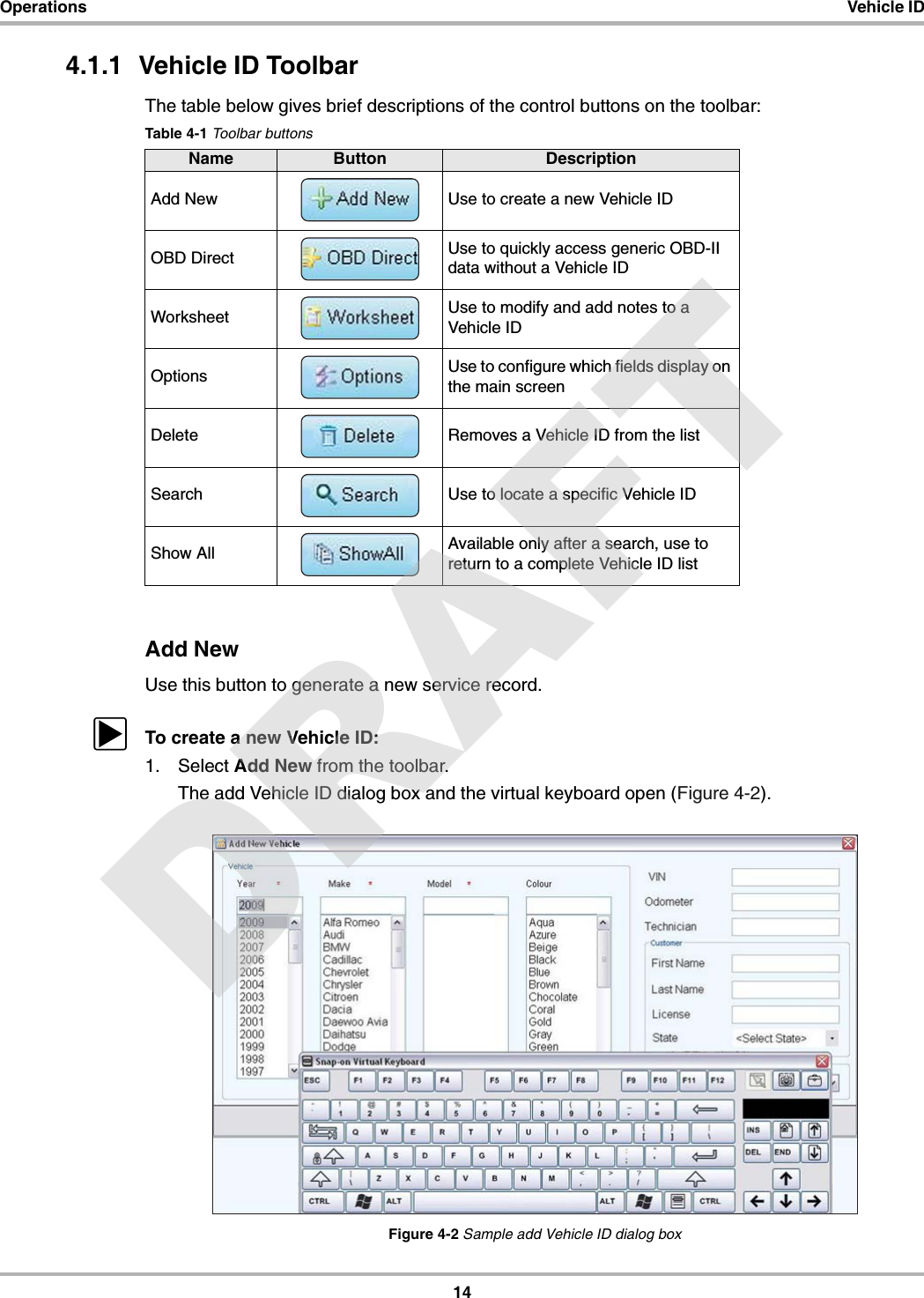 14Operations Vehicle ID4.1.1  Vehicle ID ToolbarThe table below gives brief descriptions of the control buttons on the toolbar:Add NewUse this button to generate a new service record.zTo create a new Vehicle ID:1. Select Add New from the toolbar.The add Vehicle ID dialog box and the virtual keyboard open (Figure 4-2).Figure 4-2 Sample add Vehicle ID dialog boxTable 4-1 Toolbar buttonsName Button DescriptionAdd New Use to create a new Vehicle IDOBD Direct Use to quickly access generic OBD-II data without a Vehicle IDWorksheet Use to modify and add notes to a Vehicle IDOptions Use to configure which fields display on the main screenDelete Removes a Vehicle ID from the listSearch Use to locate a specific Vehicle IDShow All Available only after a search, use to return to a complete Vehicle ID list DRAFT