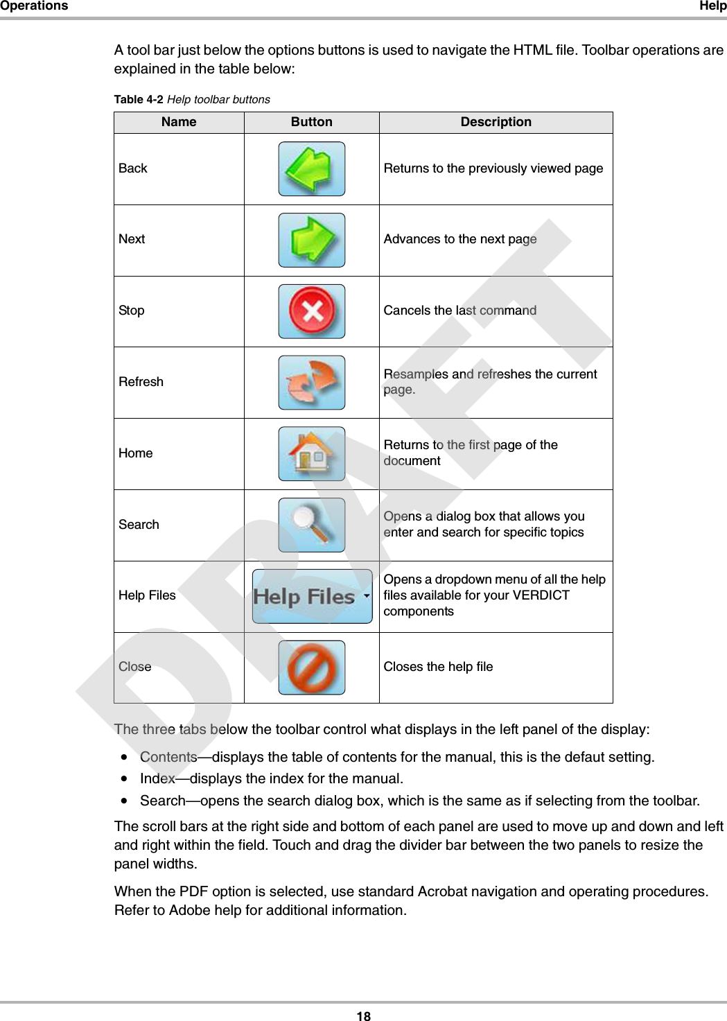 18Operations HelpA tool bar just below the options buttons is used to navigate the HTML file. Toolbar operations are explained in the table below:The three tabs below the toolbar control what displays in the left panel of the display:•Contents—displays the table of contents for the manual, this is the defaut setting.•Index—displays the index for the manual.•Search—opens the search dialog box, which is the same as if selecting from the toolbar.The scroll bars at the right side and bottom of each panel are used to move up and down and left and right within the field. Touch and drag the divider bar between the two panels to resize the panel widths.When the PDF option is selected, use standard Acrobat navigation and operating procedures. Refer to Adobe help for additional information.Table 4-2 Help toolbar buttonsName Button DescriptionBack Returns to the previously viewed pageNext Advances to the next pageStop Cancels the last commandRefresh Resamples and refreshes the current page.Home Returns to the first page of the documentSearch Opens a dialog box that allows you enter and search for specific topicsHelp FilesOpens a dropdown menu of all the help files available for your VERDICT componentsClose Closes the help fileDRAFT