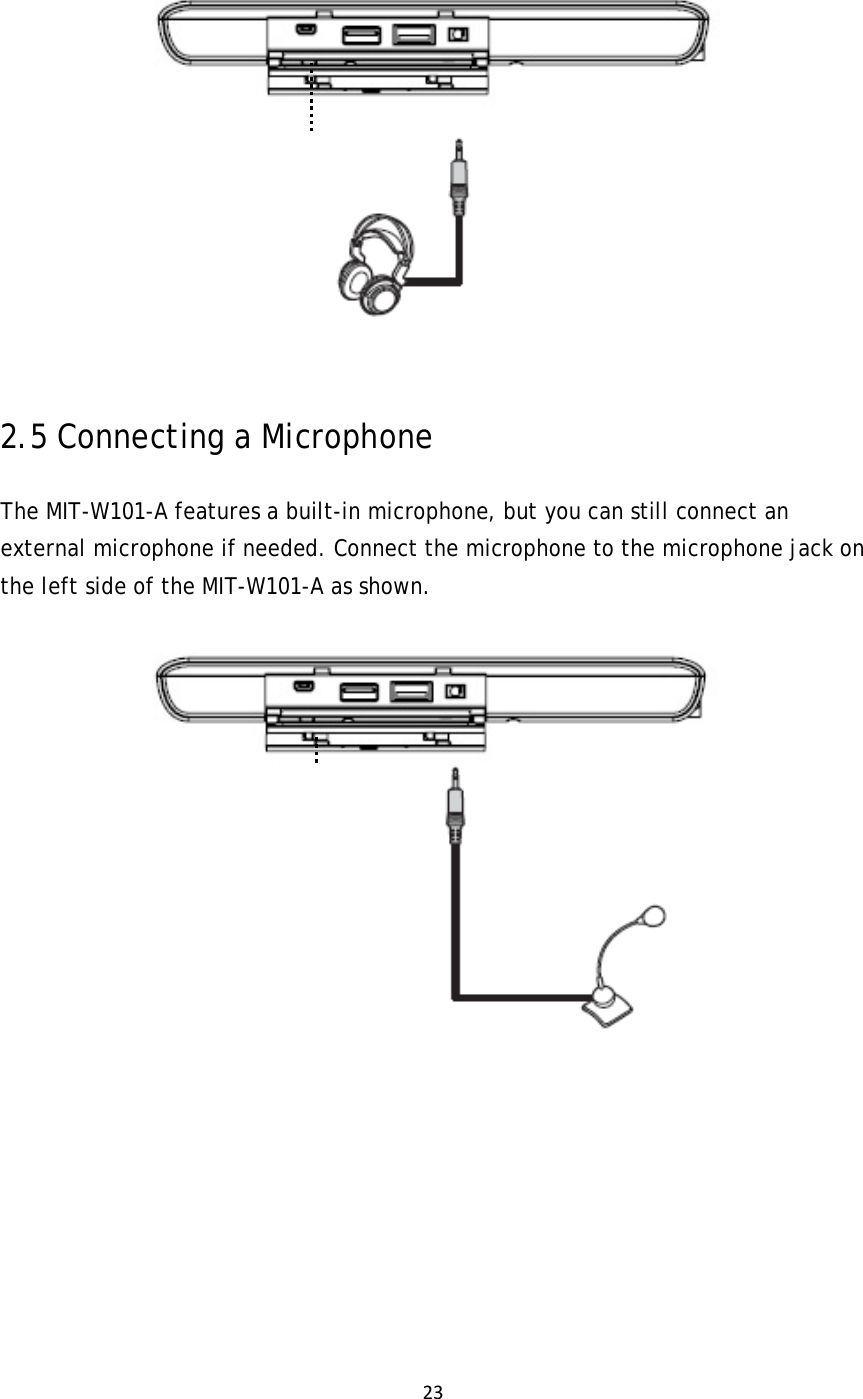 23 2.5 Connecting a Microphone The MIT-W101-A features a built-in microphone, but you can still connect an external microphone if needed. Connect the microphone to the microphone jack on the left side of the MIT-W101-A as shown.  