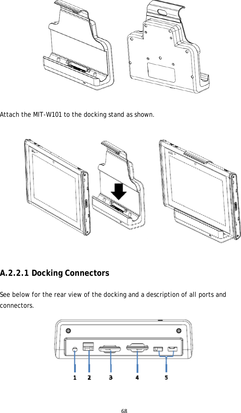 68           Attach the MIT-W101 to the docking stand as shown.  A.2.2.1 Docking Connectors See below for the rear view of the docking and a description of all ports and connectors.   