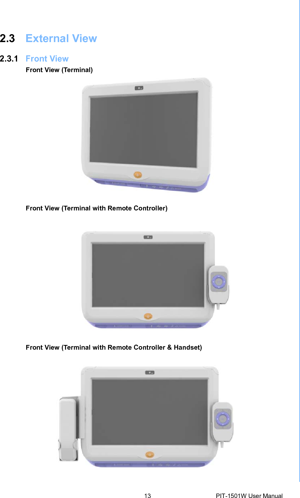 2.3 External View 2.3.1 Front View Front View (Terminal) Front View (Terminal with Remote Controller)Front View (Terminal with Remote Controller&amp;Handset)13 PIT-1501W User Manual 