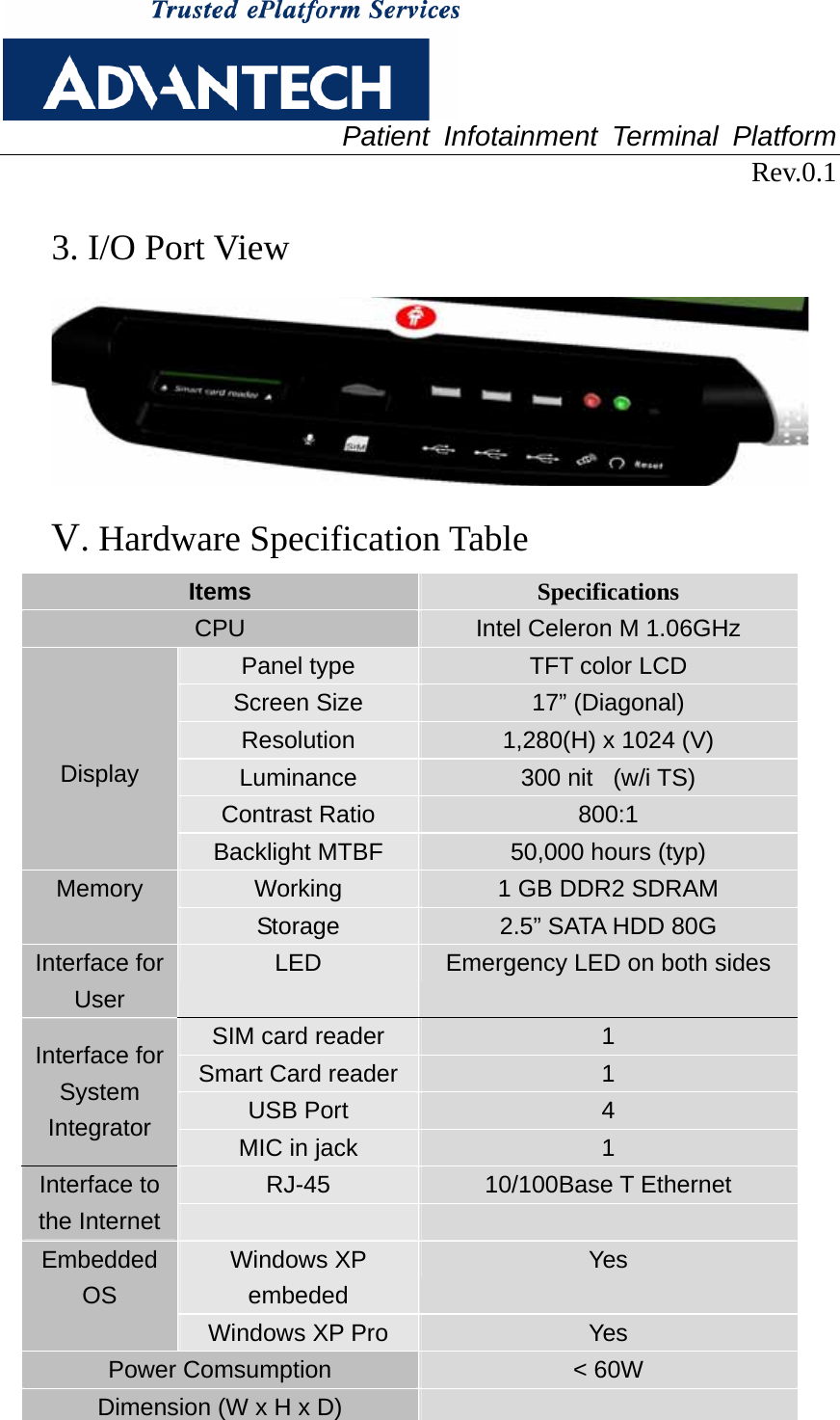  Patient Infotainment Terminal Platform Rev.0.1  3. I/O Port View  V. Hardware Specification Table Items  Specifications CPU  Intel Celeron M 1.06GHz Panel type  TFT color LCD Screen Size  17” (Diagonal) Resolution  1,280(H) x 1024 (V) Luminance  300 nit  (w/i TS) Contrast Ratio  800:1    Display Backlight MTBF  50,000 hours (typ) Working  1 GB DDR2 SDRAM Memory Storage  2.5” SATA HDD 80G Interface for User LED  Emergency LED on both sides SIM card reader  1 Smart Card reader  1 USB Port  4 Interface for System Integrator  MIC in jack  1 RJ-45  10/100Base T Ethernet Interface to the Internet     Windows XP embeded Yes Embedded OS Windows XP Pro  Yes Power Comsumption  &lt; 60W Dimension (W x H x D)   