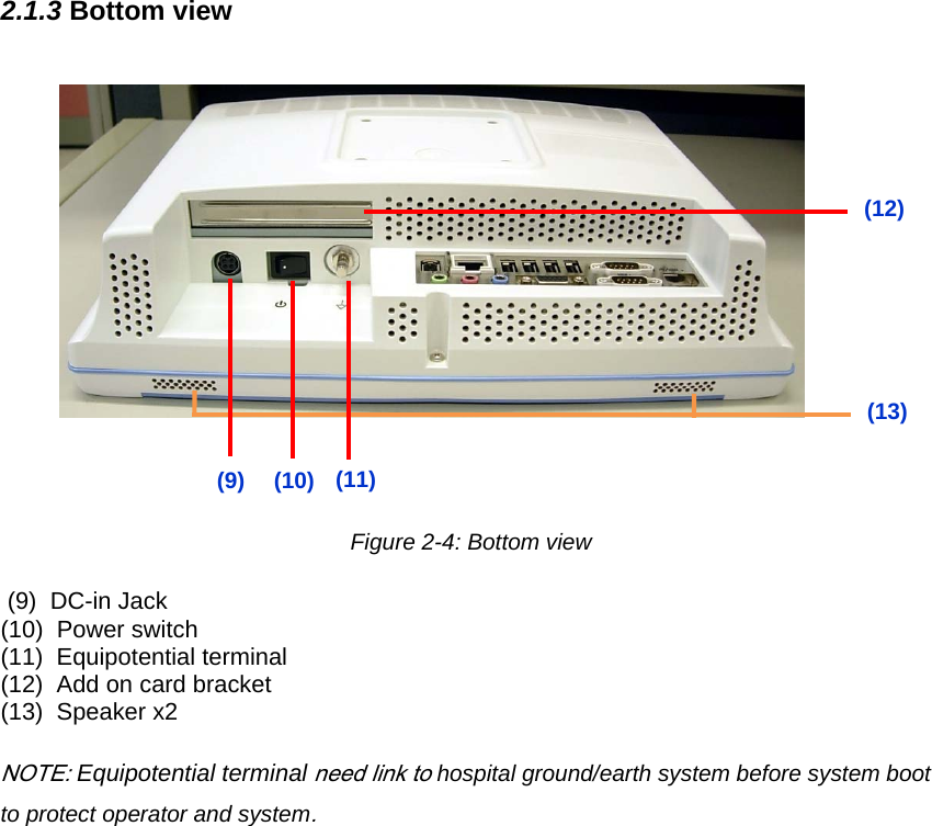 2.1.3 Bottom view            Figure 2-4: Bottom view    (9)  DC-in Jack (10)  Power switch  (11)  Equipotential terminal (12)  Add on card bracket  (13)  Speaker x2  NOTE: Equipotential terminal need link to hospital ground/earth system before system boot to protect operator and system.  (9) (12) (11) (10) (13) 