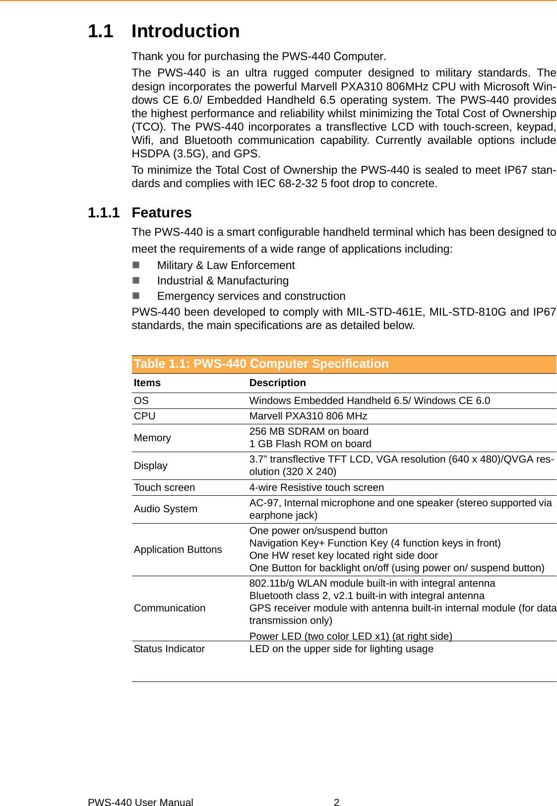 PWS-440 User Manual 21.1 IntroductionThank you for purchasing the PWS-440 Computer.The PWS-440 is an ultra rugged computer designed to military standards. Thedesign incorporates the powerful Marvell PXA310 806MHz CPU with Microsoft Win-dows CE 6.0/ Embedded Handheld 6.5 operating system. The PWS-440 providesthe highest performance and reliability whilst minimizing the Total Cost of Ownership(TCO). The PWS-440 incorporates a transflective LCD with touch-screen, keypad,Wifi, and Bluetooth communication capability. Currently available options includeHSDPA (3.5G), and GPS.To minimize the Total Cost of Ownership the PWS-440 is sealed to meet IP67 stan-dards and complies with IEC 68-2-32 5 foot drop to concrete.1.1.1 FeaturesThe PWS-440 is a smart configurable handheld terminal which has been designed tomeet the requirements of a wide range of applications including:Military &amp; Law EnforcementIndustrial &amp; ManufacturingEmergency services and constructionPWS-440 been developed to comply with MIL-STD-461E, MIL-STD-810G and IP67standards, the main specifications are as detailed below.Table 1.1: PWS-440 Computer SpecificationItems DescriptionOS  Windows Embedded Handheld 6.5/ Windows CE 6.0CPU  Marvell PXA310 806 MHzMemory  256 MB SDRAM on board 1 GB Flash ROM on boardDisplay  3.7” transflective TFT LCD, VGA resolution (640 x 480)/QVGA res-olution (320 X 240)Touch screen  4-wire Resistive touch screenAudio System  AC-97, Internal microphone and one speaker (stereo supported via earphone jack)Application ButtonsOne power on/suspend button Navigation Key+ Function Key (4 function keys in front) One HW reset key located right side door One Button for backlight on/off (using power on/ suspend button)Communication802.11b/g WLAN module built-in with integral antenna Bluetooth class 2, v2.1 built-in with integral antenna GPS receiver module with antenna built-in internal module (for data transmission only)Status Indicator  Power LED (two color LED x1) (at right side) LED on the upper side for lighting usage 