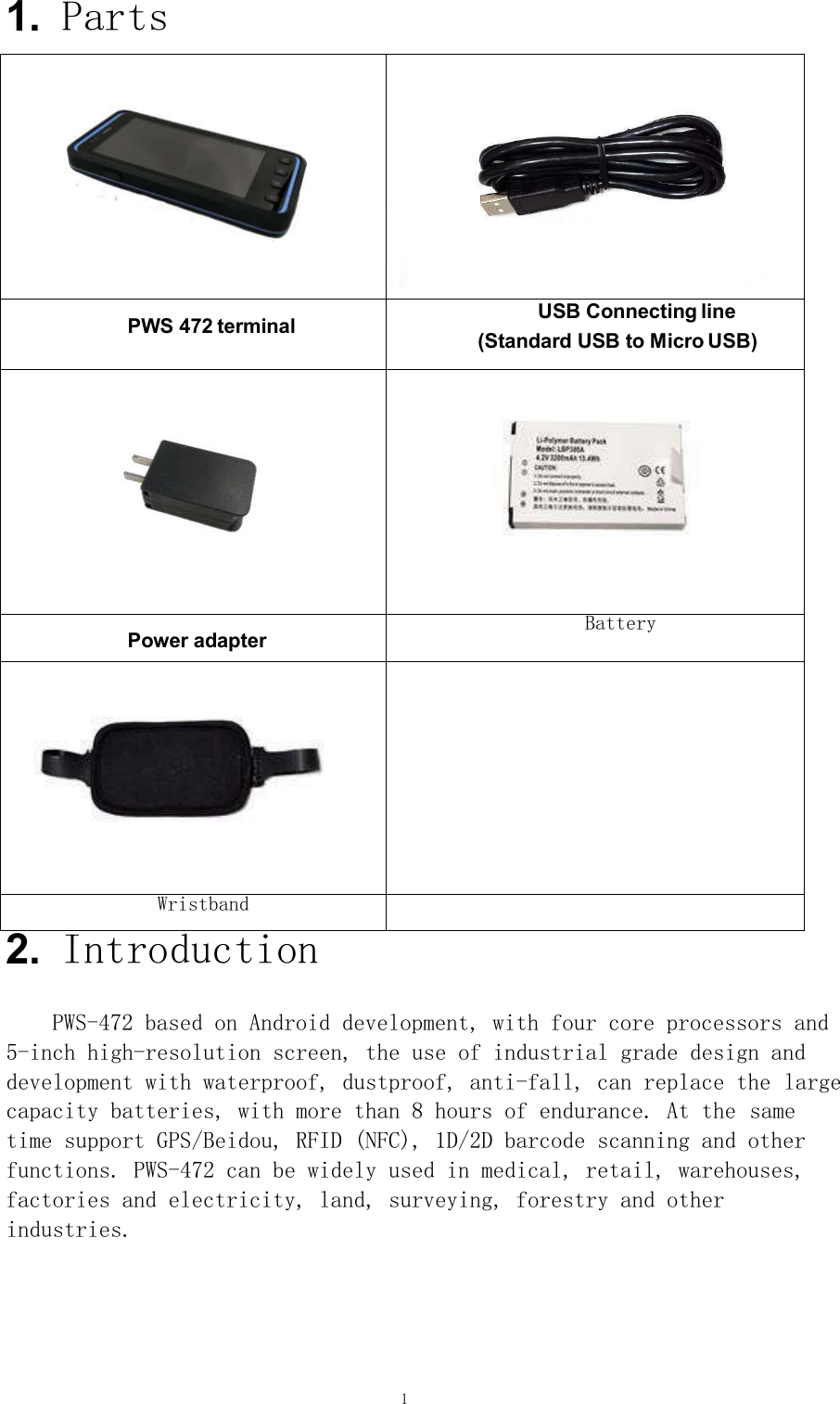 1      PWS 472 terminal   USB Connecting line   (Standard USB to Micro USB)       Power adapter  Battery    Wristband    1.  Parts                           2.  Introduction     PWS-472 based on Android development, with four core processors and  5-inch high-resolution screen, the use of industrial grade design and development with waterproof, dustproof, anti-fall, can replace the large capacity batteries, with more than 8 hours of endurance. At the same time support GPS/Beidou, RFID (NFC), 1D/2D barcode scanning and other functions. PWS-472 can be widely used in medical, retail, warehouses, factories and electricity, land, surveying, forestry and other industries. 