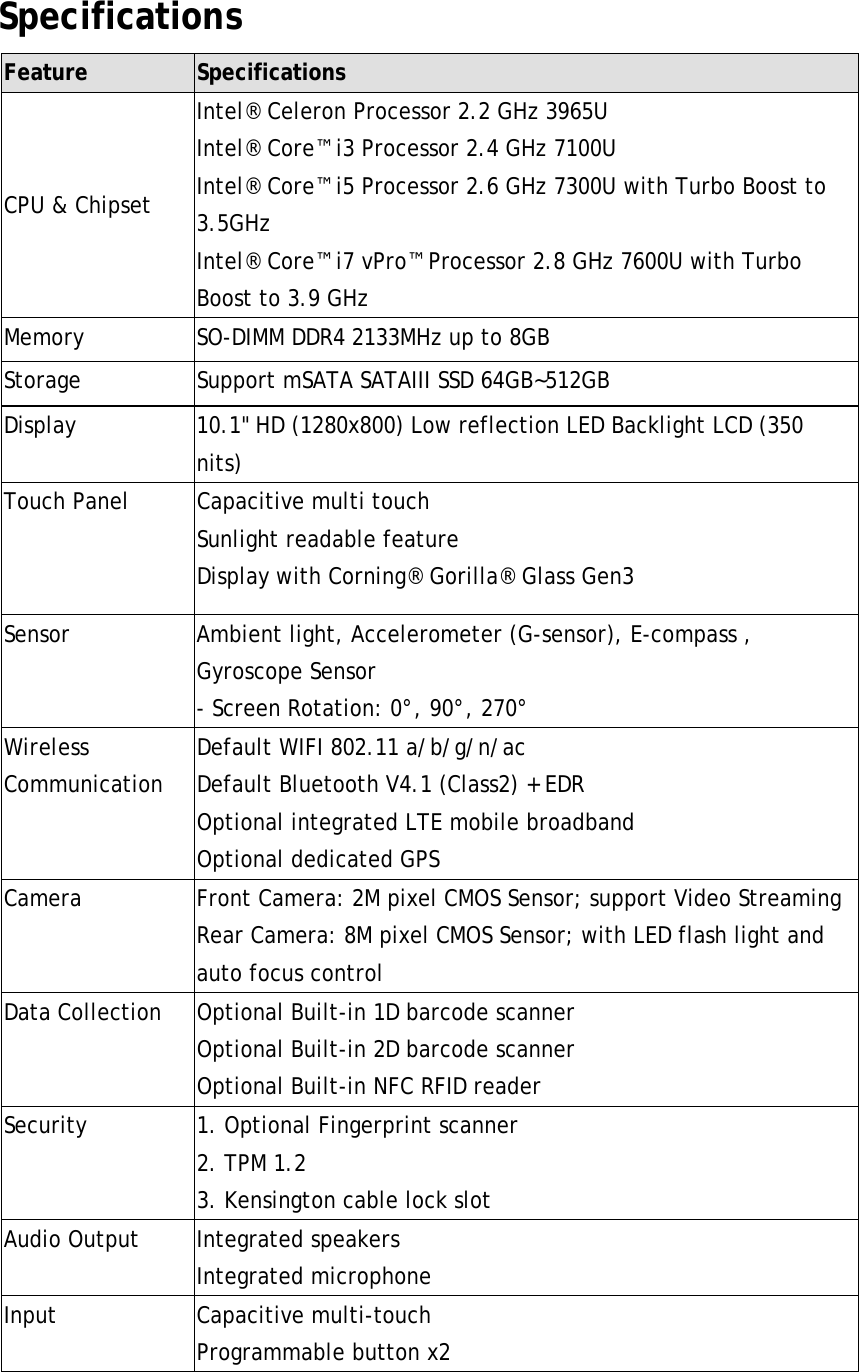 Specifications Feature Specifications CPU &amp; Chipset Intel® Celeron Processor 2.2 GHz 3965U  Intel® Core™ i3 Processor 2.4 GHz 7100U  Intel® Core™ i5 Processor 2.6 GHz 7300U with Turbo Boost to 3.5GHz  Intel® Core™ i7 vPro™ Processor 2.8 GHz 7600U with Turbo Boost to 3.9 GHz  Memory SO-DIMM DDR4 2133MHz up to 8GB Storage Support mSATA SATAIII SSD 64GB~512GB Display 10.1&quot; HD (1280x800) Low reflection LED Backlight LCD (350 nits) Touch Panel Capacitive multi touch  Sunlight readable feature Display with Corning® Gorilla® Glass Gen3 Sensor Ambient light, Accelerometer (G-sensor), E-compass , Gyroscope Sensor - Screen Rotation: 0°, 90°, 270° Wireless Communication Default WIFI 802.11 a/b/g/n/ac Default Bluetooth V4.1 (Class2) + EDR Optional integrated LTE mobile broadband Optional dedicated GPS Camera Front Camera: 2M pixel CMOS Sensor; support Video Streaming Rear Camera: 8M pixel CMOS Sensor; with LED flash light and auto focus control Data Collection Optional Built-in 1D barcode scanner Optional Built-in 2D barcode scanner  Optional Built-in NFC RFID reader Security 1. Optional Fingerprint scanner 2. TPM 1.2  3. Kensington cable lock slot Audio Output  Integrated speakers Integrated microphone Input Capacitive multi-touch Programmable button x2 