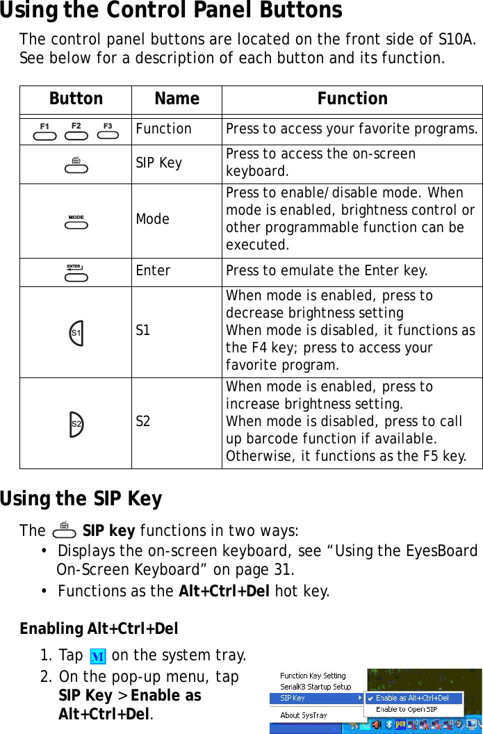 S10A User Manual28Using the Control Panel ButtonsThe control panel buttons are located on the front side of S10A. See below for a description of each button and its function.Using the SIP KeyThe  SIP key functions in two ways:•  Displays the on-screen keyboard, see “Using the EyesBoard On-Screen Keyboard” on page 31.•  Functions as the Alt+Ctrl+Del hot key.Enabling Alt+Ctrl+Del1. Tap   on the system tray.2. On the pop-up menu, tap SIP Key &gt; Enable as Alt+Ctrl+Del.Button Name Function   Function Press to access your favorite programs.SIP Key Press to access the on-screen keyboard.ModePress to enable/disable mode. When mode is enabled, brightness control or other programmable function can be executed.Enter Press to emulate the Enter key.S1When mode is enabled, press to decrease brightness settingWhen mode is disabled, it functions as the F4 key; press to access your favorite program.S2When mode is enabled, press to increase brightness setting.When mode is disabled, press to call up barcode function if available. Otherwise, it functions as the F5 key.F1F2F3MODEENTERS1S2