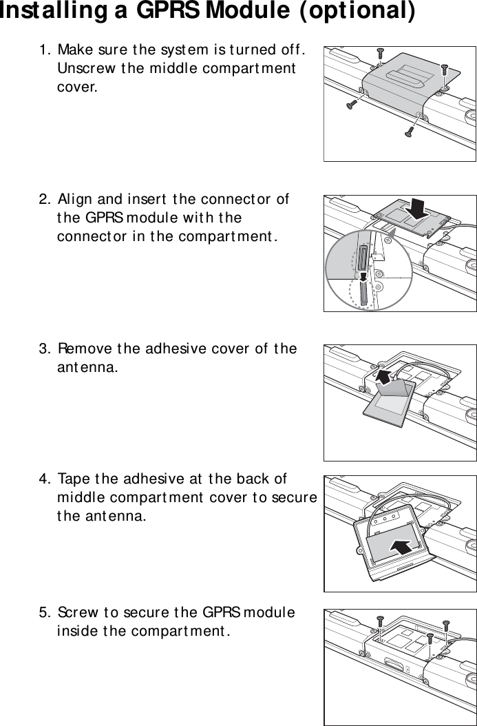 S10A User Manual11Installing a GPRS Module (optional)1. Make sure the system is turned off. Unscrew the middle compartment cover.2. Align and insert the connector of the GPRS module with the connector in the compartment.3. Remove the adhesive cover of the antenna.4. Tape the adhesive at the back of middle compartment cover to secure the antenna.5. Screw to secure the GPRS module inside the compartment.