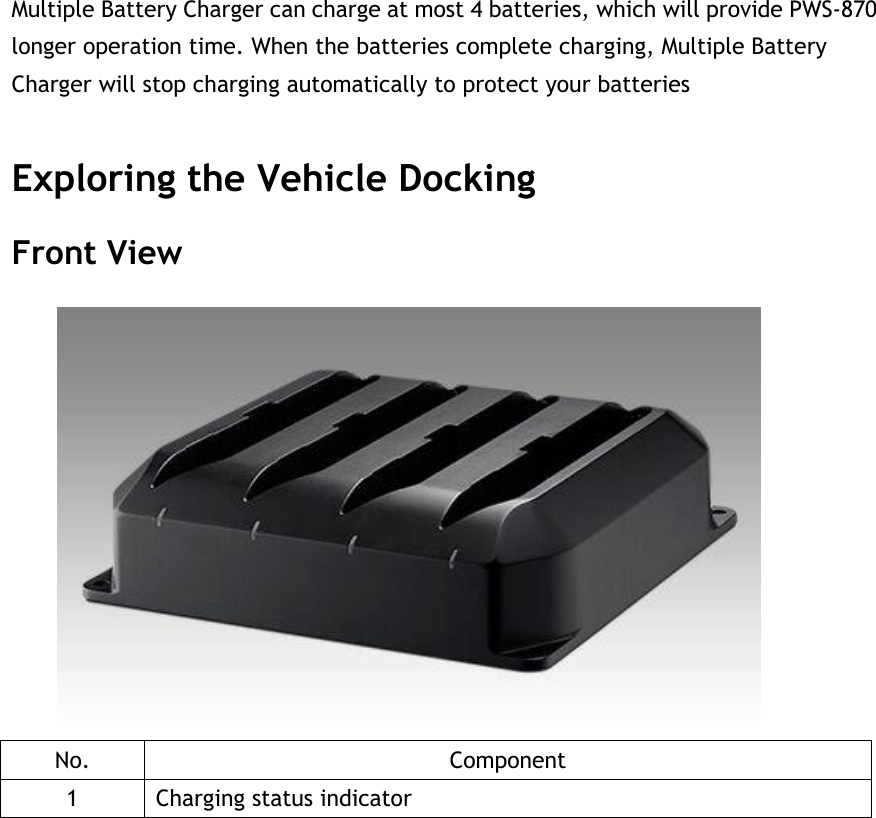 Multiple Battery Charger can charge at most 4 batteries, which will provide PWS-870 longer operation time. When the batteries complete charging, Multiple Battery Charger will stop charging automatically to protect your batteries  Exploring the Vehicle Docking Front View  No. Component 1 Charging status indicator      