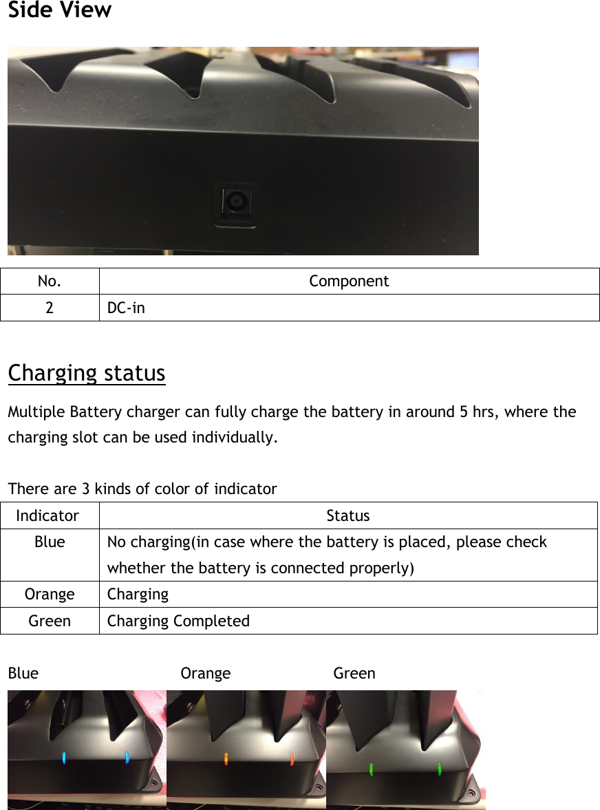 Side View  No. Component 2 DC-in  Charging status Multiple Battery charger can fully charge the battery in around 5 hrs, where the charging slot can be used individually.    There are 3 kinds of color of indicator   Indicator Status Blue No charging(in case where the battery is placed, please check whether the battery is connected properly) Orange Charging Green Charging Completed  Blue                  Orange                          Green     