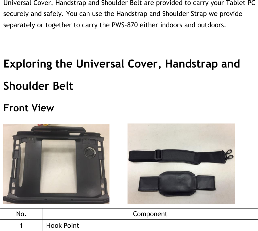 Universal Cover, Handstrap and Shoulder Belt are provided to carry your Tablet PC securely and safely. You can use the Handstrap and Shoulder Strap we provide separately or together to carry the PWS-870 either indoors and outdoors.  Exploring the Universal Cover, Handstrap and Shoulder Belt Front View         No. Component 1 Hook Point     