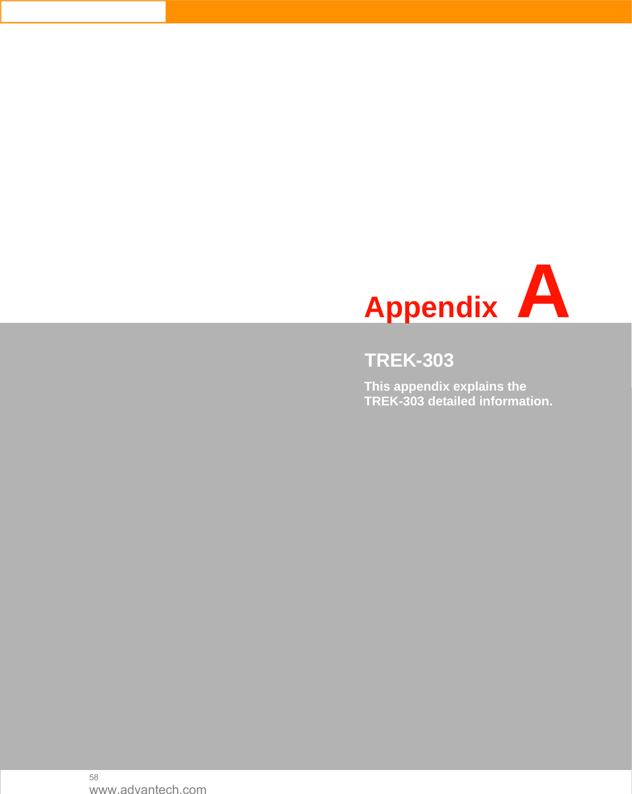  58 www.advantech.com                     AppendixA   CTREK-303  This appendix explains the TREK-303 detailed information.                             