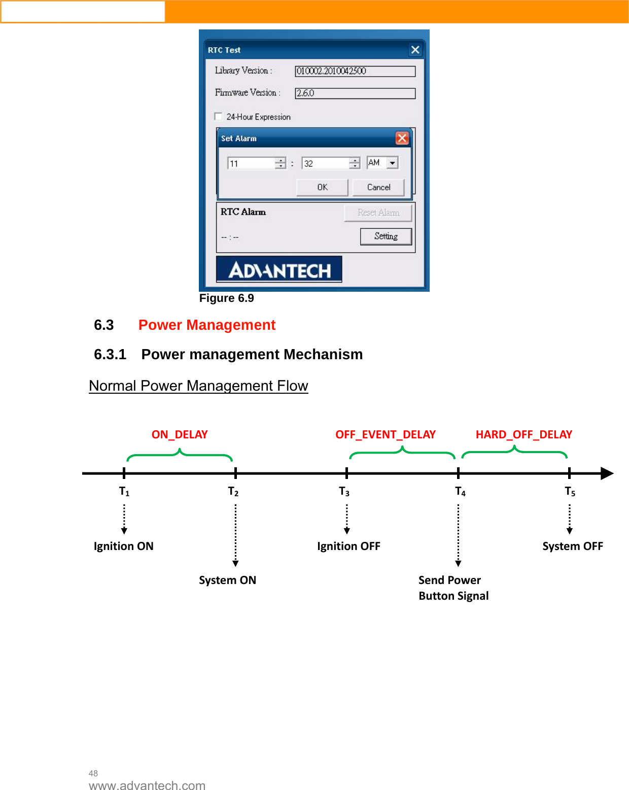  48 www.advantech.com  Figure 6.9  6.3Power Management    6.3.1  Power management Mechanism Normal Power Management Flow             T1T2T3T4T5IgnitionONSystemONIgnitionOFFSendPowerButtonSignalSystemOFFON_DELAYOFF_EVENT_DELAY HARD_OFF_DELAY