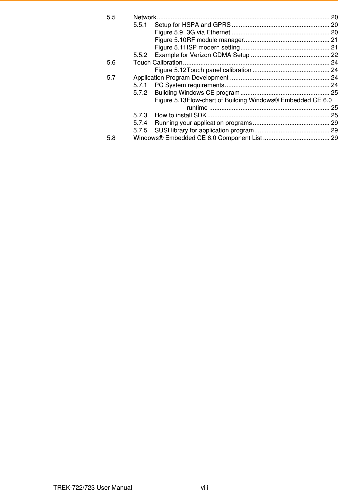 TREK-722/723 User Manual viii5.5 Network................................................................................................... 205.5.1 Setup for HSPA and GPRS ........................................................ 20Figure 5.9 3G via Ethernet ........................................................ 20Figure 5.10RF module manager................................................. 21Figure 5.11ISP modern setting................................................... 215.5.2 Example for Verizon CDMA Setup ............................................. 225.6 Touch Calibration.................................................................................... 24Figure 5.12Touch panel calibration ............................................ 245.7 Application Program Development ......................................................... 245.7.1 PC System requirements............................................................ 245.7.2 Building Windows CE program ................................................... 25Figure 5.13Flow-chart of Building Windows® Embedded CE 6.0 runtime ..................................................................... 255.7.3 How to install SDK ...................................................................... 255.7.4 Running your application programs ............................................ 295.7.5 SUSI library for application program........................................... 295.8 Windows® Embedded CE 6.0 Component List ...................................... 29