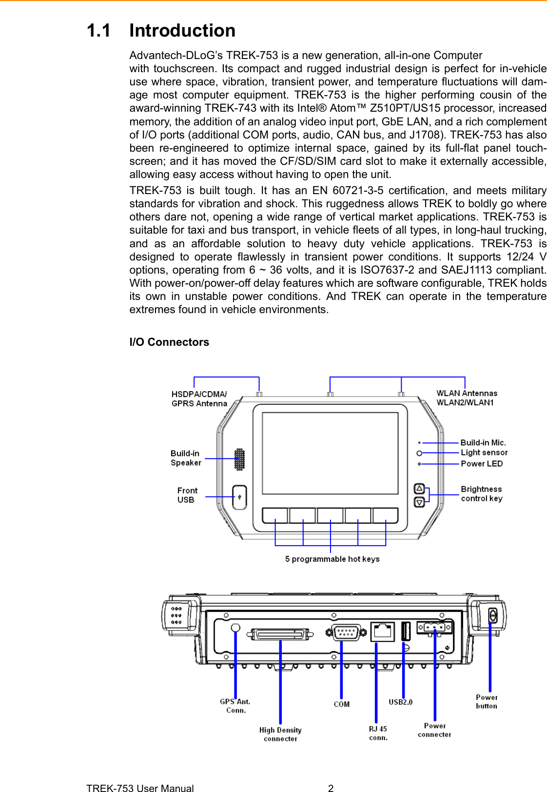 TREK-753 User Manual 21.1 IntroductionAdvantech-DLoG’s TREK-753 is a new generation, all-in-one Computerwith touchscreen. Its compact and rugged industrial design is perfect for in-vehicleuse where space, vibration, transient power, and temperature fluctuations will dam-age most computer equipment. TREK-753 is the higher performing cousin of theaward-winning TREK-743 with its Intel® Atom™ Z510PT/US15 processor, increasedmemory, the addition of an analog video input port, GbE LAN, and a rich complementof I/O ports (additional COM ports, audio, CAN bus, and J1708). TREK-753 has alsobeen re-engineered to optimize internal space, gained by its full-flat panel touch-screen; and it has moved the CF/SD/SIM card slot to make it externally accessible,allowing easy access without having to open the unit.TREK-753 is built tough. It has an EN 60721-3-5 certification, and meets militarystandards for vibration and shock. This ruggedness allows TREK to boldly go whereothers dare not, opening a wide range of vertical market applications. TREK-753 issuitable for taxi and bus transport, in vehicle fleets of all types, in long-haul trucking,and as an affordable solution to heavy duty vehicle applications. TREK-753 isdesigned to operate flawlessly in transient power conditions. It supports 12/24 Voptions, operating from 6 ~ 36 volts, and it is ISO7637-2 and SAEJ1113 compliant.With power-on/power-off delay features which are software configurable, TREK holdsits own in unstable power conditions. And TREK can operate in the temperatureextremes found in vehicle environments. I/O Connectors         