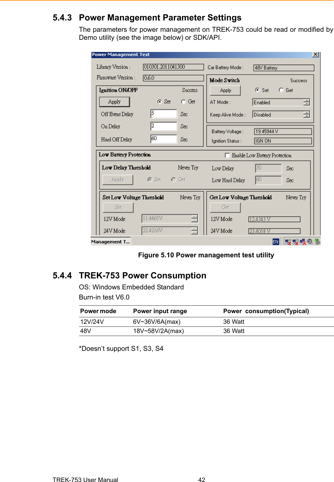 TREK-753 User Manual 425.4.3 Power Management Parameter SettingsThe parameters for power management on TREK-753 could be read or modified byDemo utility (see the image below) or SDK/API.Figure 5.10 Power management test utility5.4.4 TREK-753 Power ConsumptionOS: Windows Embedded StandardBurn-in test V6.0*Doesn’t support S1, S3, S4Power mode              Power input range           Power  consumption(Typical) 12V/24V                      6V~36V/6A(max)                    36 Watt48V                            18V~58V/2A(max)                   36 Watt