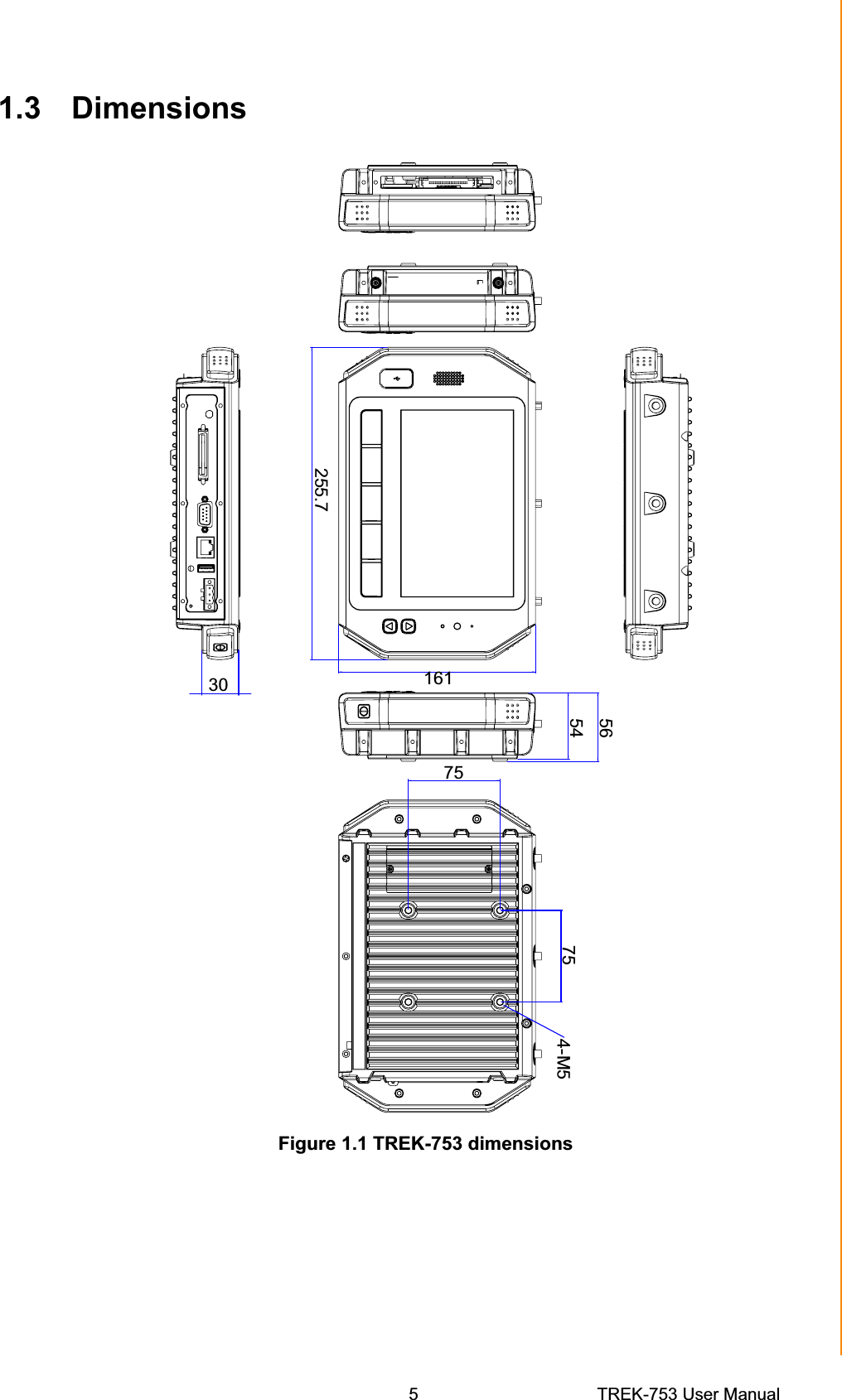 5 TREK-753 User ManualChapter 1 General Information1.3 DimensionsFigure 1.1 TREK-753 dimensions30 161255.7755654 75 4-M5