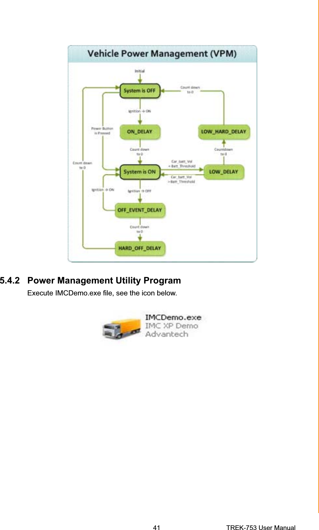 5.4.2 Power Management Utility Program Execute IMCDemo.exe file, see the icon below. Chapter 5  Software Demo Utility Setup41 TREK-753 User Manual 