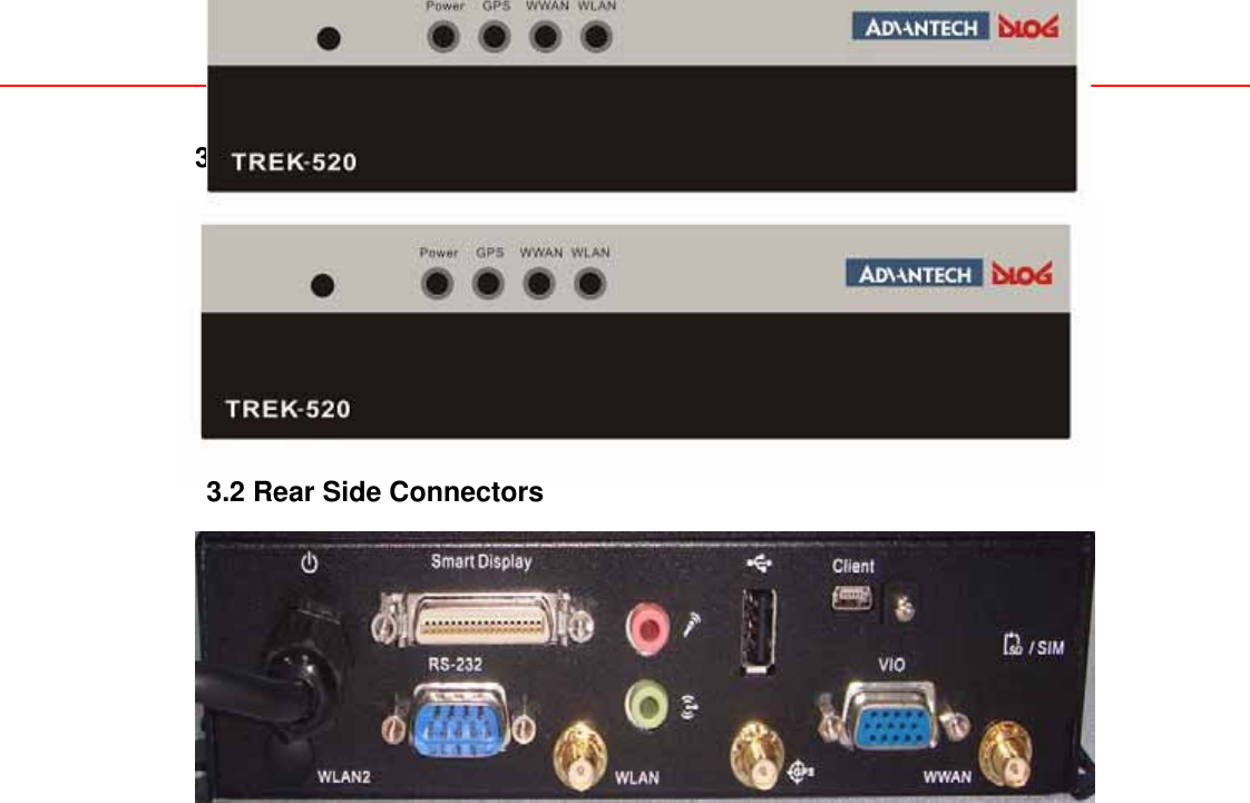 3.1 Front Side Connectors        3.2 Rear Side Connectors        IO Ports RESET button  1 x RESET button at the I/O plate 1 x CAN 2.0B I/F (support J1939 protocol) 1 x J1708 I/F (support J1587 protocol) CAN  1 x OBD2 I/F (support ISO 15765 protocol) 1 x MIC-in 1 x Line-out Audio  1 x built-in loud speaker (reserved) LVDS connector  1 x high density connector for TREK-3xx RS-232  1 x 4-wire COM port with 12V/1A DC output USB Host  2 x USB host I/F by USB A-type connector (5V/1A) DIO  Isolated 4 x DI and 2 x DO 3.3 VIO                       A(DSUB15)  Define  B(Housing) 1  ODB_CAN_H  1 2  ODB_CAN_L  2 3  CAN_H  3 4  CAN_L  4 5  J1708_DN  5 6  J1708_DP  6 7  ISO_GND  7 8  DGND  8 9  VGA_ISO_DO_1  9 10  VGA_ISO_DO_2  10 11  VGA_ISO_DI_1  11 