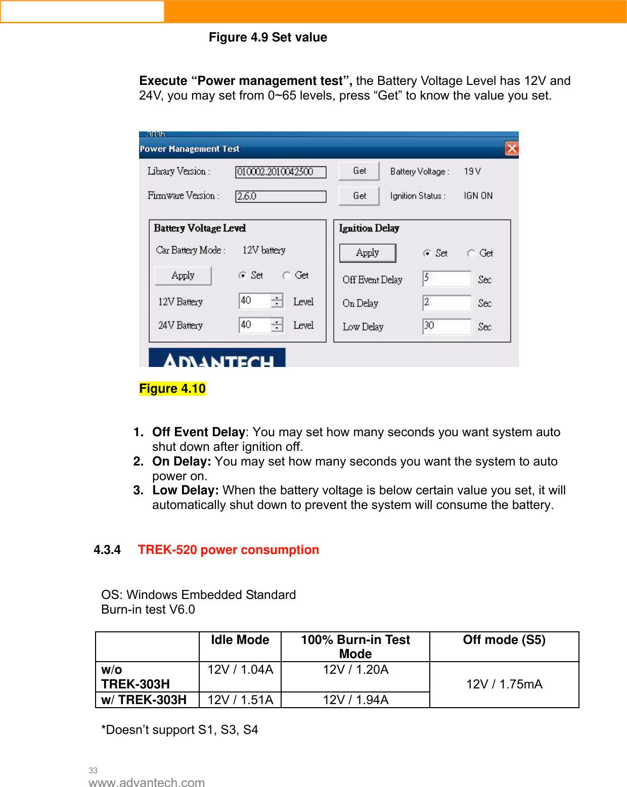  33 www.advantech.com Figure 4.9 Set value   Execute “Power management test”, the Battery Voltage Level has 12V and 24V, you may set from 0~65 levels, press “Get” to know the value you set.        Figure 4.10   1. Off Event Delay: You may set how many seconds you want system auto shut down after ignition off.   2. On Delay: You may set how many seconds you want the system to auto power on.   3. Low Delay: When the battery voltage is below certain value you set, it will automatically shut down to prevent the system will consume the battery.     4.3.4 TREK-520 power consumption   OS: Windows Embedded Standard Burn-in test V6.0   Idle Mode  100% Burn-in Test Mode  Off mode (S5) w/o TREK-303H  12V / 1.04A 12V / 1.20A w/ TREK-303H  12V / 1.51A 12V / 1.94A 12V / 1.75mA  *Doesn’t support S1, S3, S4  