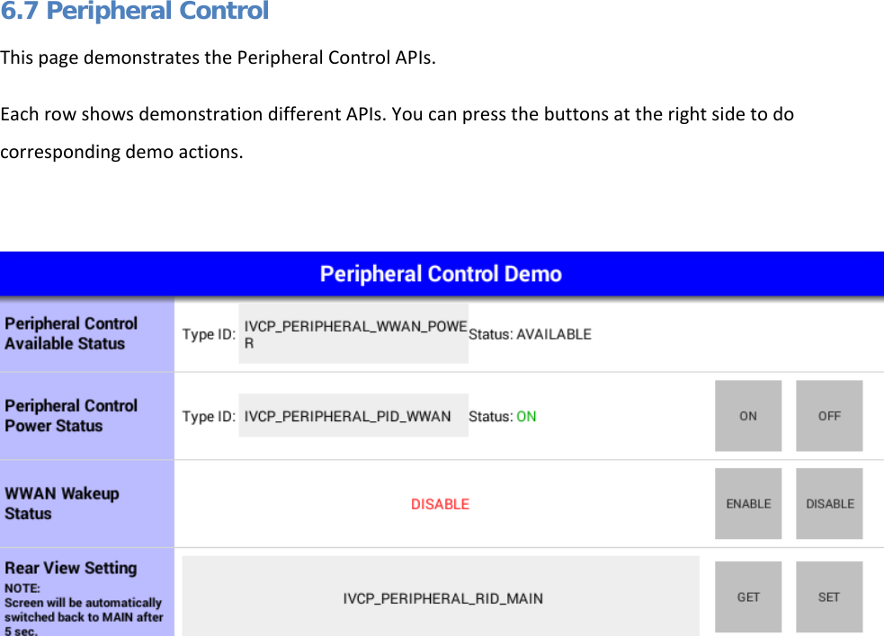   6.7 Peripheral Control This page demonstrates the Peripheral Control APIs. Each row shows demonstration different APIs. You can press the buttons at the right side to do corresponding demo actions.      