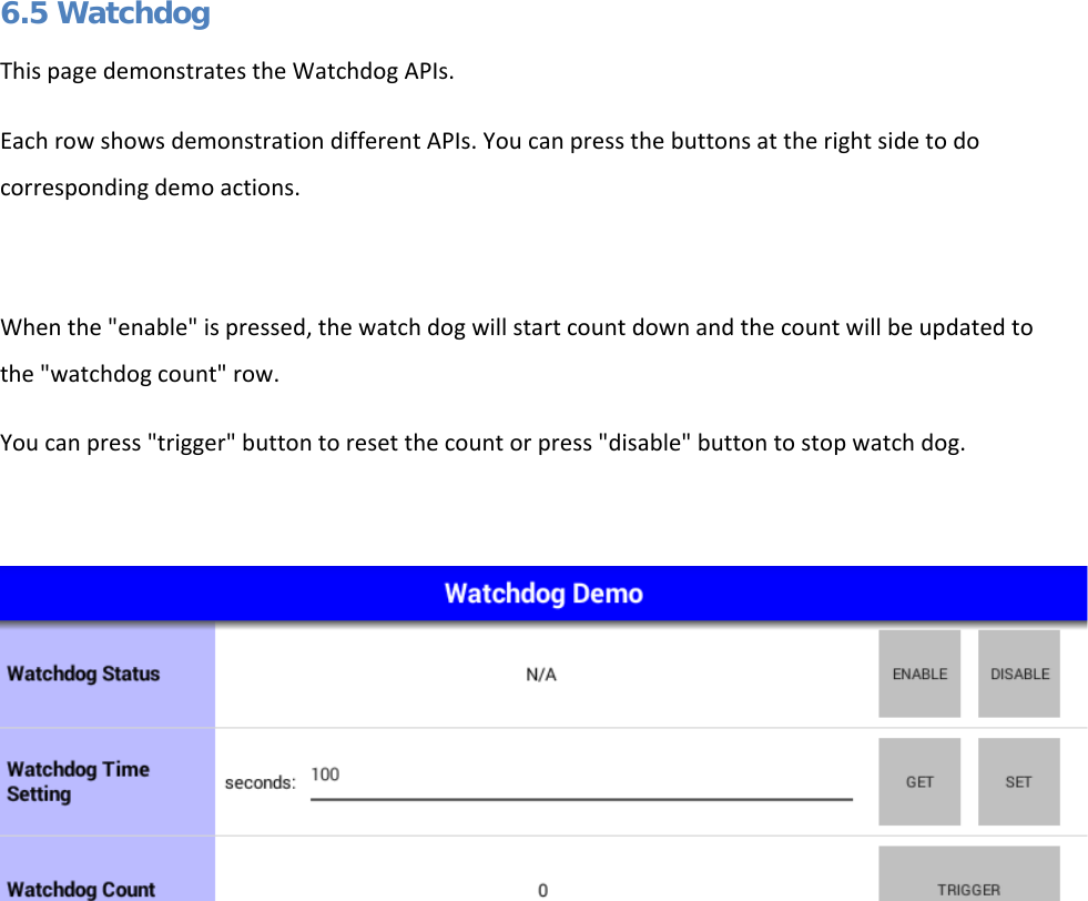   6.5 Watchdog This page demonstrates the Watchdog APIs. Each row shows demonstration different APIs. You can press the buttons at the right side to do corresponding demo actions.  When the &quot;enable&quot; is pressed, the watch dog will start count down and the count will be updated to the &quot;watchdog count&quot; row. You can press &quot;trigger&quot; button to reset the count or press &quot;disable&quot; button to stop watch dog.      