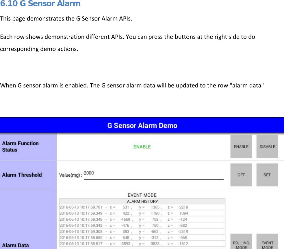   6.10 G Sensor Alarm This page demonstrates the G Sensor Alarm APIs. Each row shows demonstration different APIs. You can press the buttons at the right side to do corresponding demo actions.  When G sensor alarm is enabled. The G sensor alarm data will be updated to the row &quot;alarm data&quot;      