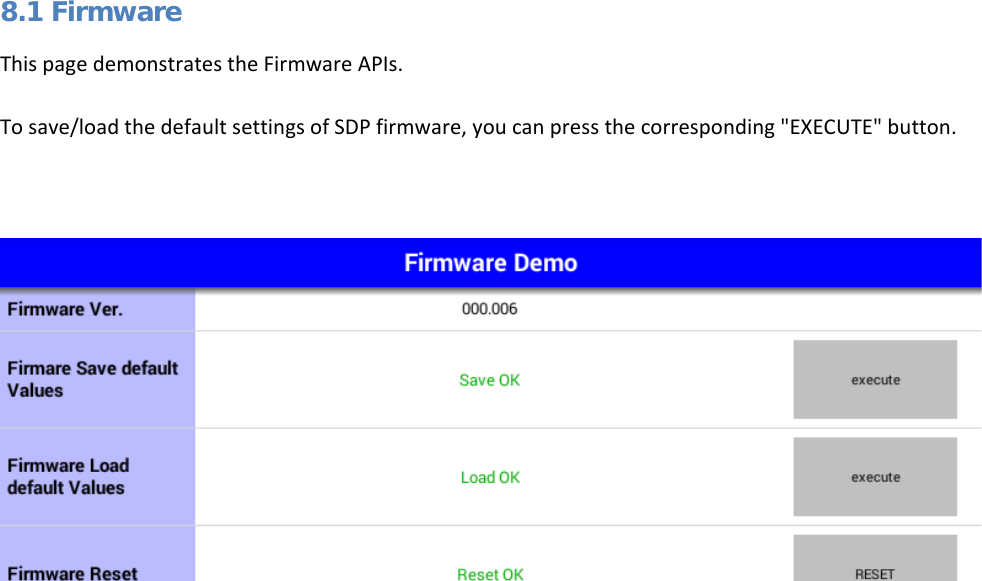   8.1 Firmware This page demonstrates the Firmware APIs. To save/load the default settings of SDP firmware, you can press the corresponding &quot;EXECUTE&quot; button.      