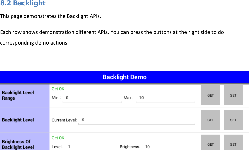   8.2 Backlight This page demonstrates the Backlight APIs. Each row shows demonstration different APIs. You can press the buttons at the right side to do corresponding demo actions.      
