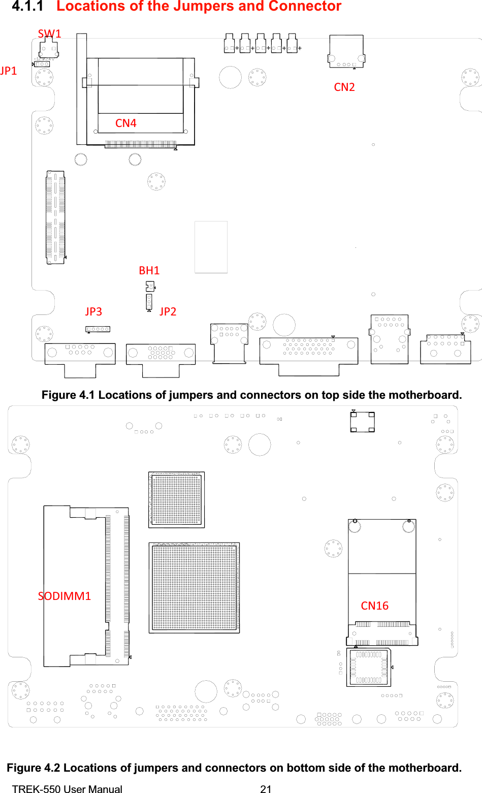 4.1.1Locations of the Jumpers and ConnectorFigure 4.1 Locations of jumpers and connectors on top side the motherboard. Figure 4.2 Locations of jumpers and connectors on bottom side of the motherboard.TREK-550 User Manual21CN4CN2JP1SW1BH1JP3JP2SODIMM1CN16