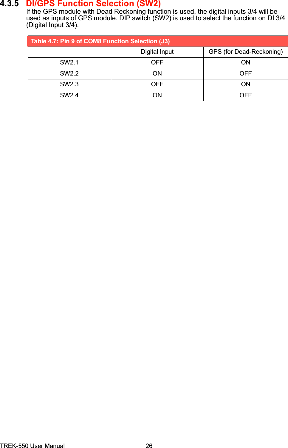 4.3.5DI/GPS Function Selection (SW2)If the GPS module with Dead Reckoning function is used, the digital inputs 3/4 will be used as inputs of GPS module. DIP switch (SW2) is used to select the function on DI 3/4 (Digital Input 3/4). Table 4.7: Pin 9 of COM8 Function Selection (J3)   Digital Input  GPS (for Dead-Reckoning)SW2.1 OFF  ON SW2.2 ON  OFF SW2.3 OFF  ON SW2.4 ON  OFF TREK-550 User Manual26