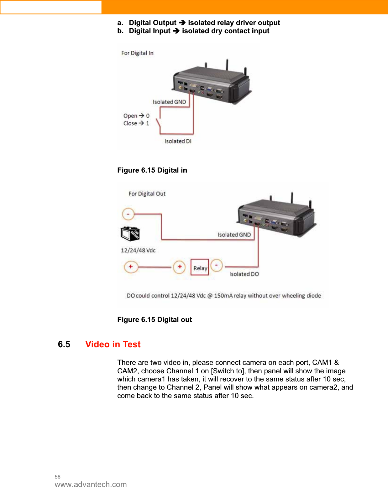56www.advantech.coma. Digital Output Î isolated relay driver output b. Digital Input Î isolated dry contact input Figure 6.15 Digital in Figure 6.15 Digital out 6.5Video in Test There are two video in, please connect camera on each port, CAM1 &amp; CAM2, choose Channel 1 on [Switch to], then panel will show the image which camera1 has taken, it will recover to the same status after 10 sec, then change to Channel 2, Panel will show what appears on camera2, and come back to the same status after 10 sec.   