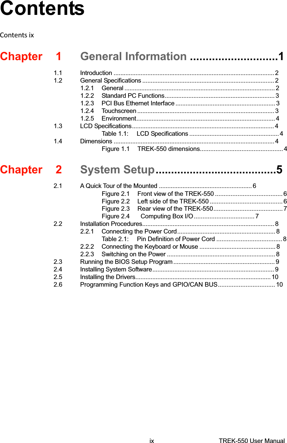 ContentsContentsixChapter1General Information............................11.1Introduction...............................................................................................21.2General Specifications..............................................................................21.2.1General.........................................................................................21.2.2Standard PCFunctions.................................................................31.2.3PCIBus Ethernet Interface...........................................................31.2.4Touchscreen.................................................................................31.2.5Environment..................................................................................41.3LCD Specifications....................................................................................4Table 1.1:LCD Specifications.....................................................41.4Dimensions...............................................................................................4Figure 1.1TREK-550 dimensions................................................4Chapter2System Setup.......................................52.1A Quick Tour of the Mounted.......................................................6Figure 2.1Front viewof theTREK-550.......................................6Figure 2.2Left side of the TREK-550..........................................6Figure 2.3Rear view of the TREK-550........................................7Figure 2.4 Computing BoxI/O...................................72.2Installation Procedures..............................................................................82.2.1Connectingthe Power Cord..........................................................8Table2.1:Pin Definitionof Power Cord......................................82.2.2Connecting theKeyboard orMouse.............................................82.2.3Switchingon the Power................................................................82.3Running the BIOSSetup Program............................................................92.4Installing System Software........................................................................92.5Installing the Drivers................................................................................102.6Programming FunctionKeysand GPIO/CAN BUS.................................10ixTREK-550 User Manual