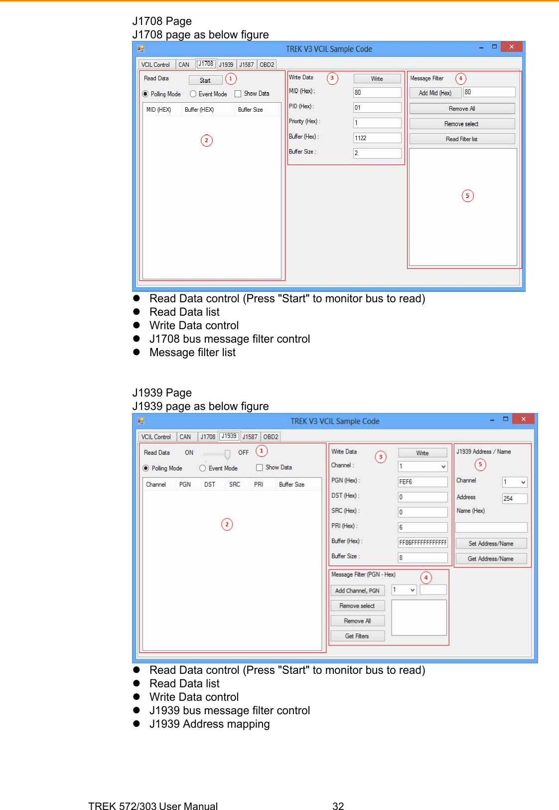 TREK 572/303 User Manual  32 J1708 Page J1708 page as below figure  z  Read Data control (Press &quot;Start&quot; to monitor bus to read) z  Read Data list z  Write Data control z  J1708 bus message filter control z  Message filter list   J1939 Page J1939 page as below figure  z  Read Data control (Press &quot;Start&quot; to monitor bus to read) z  Read Data list z  Write Data control z  J1939 bus message filter control z J1939 Address mapping      